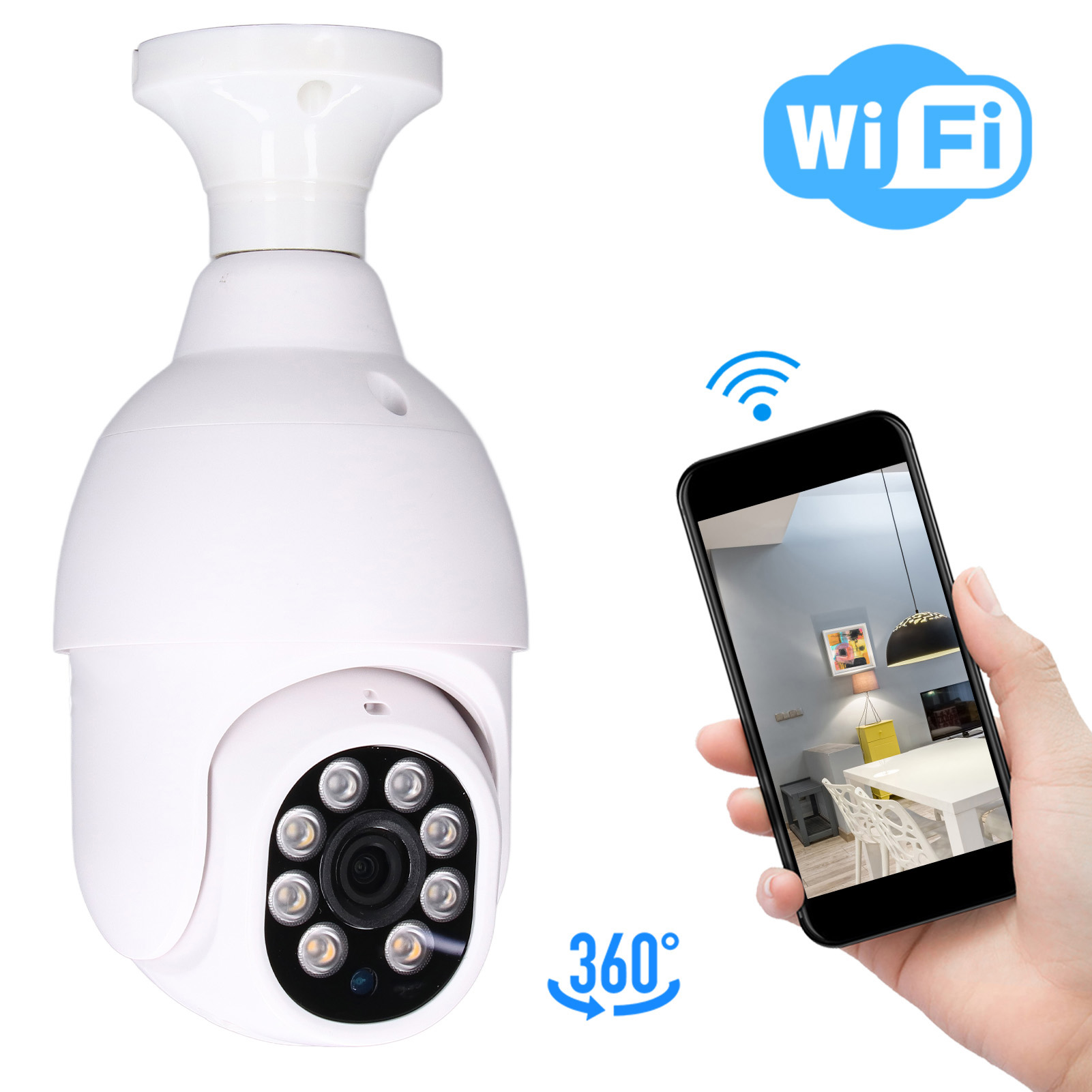 Eine weiße Überwachungskamera und ein Smartphone, das eine Raumansicht mit einem Wi-Fi-Symbol zeigt.