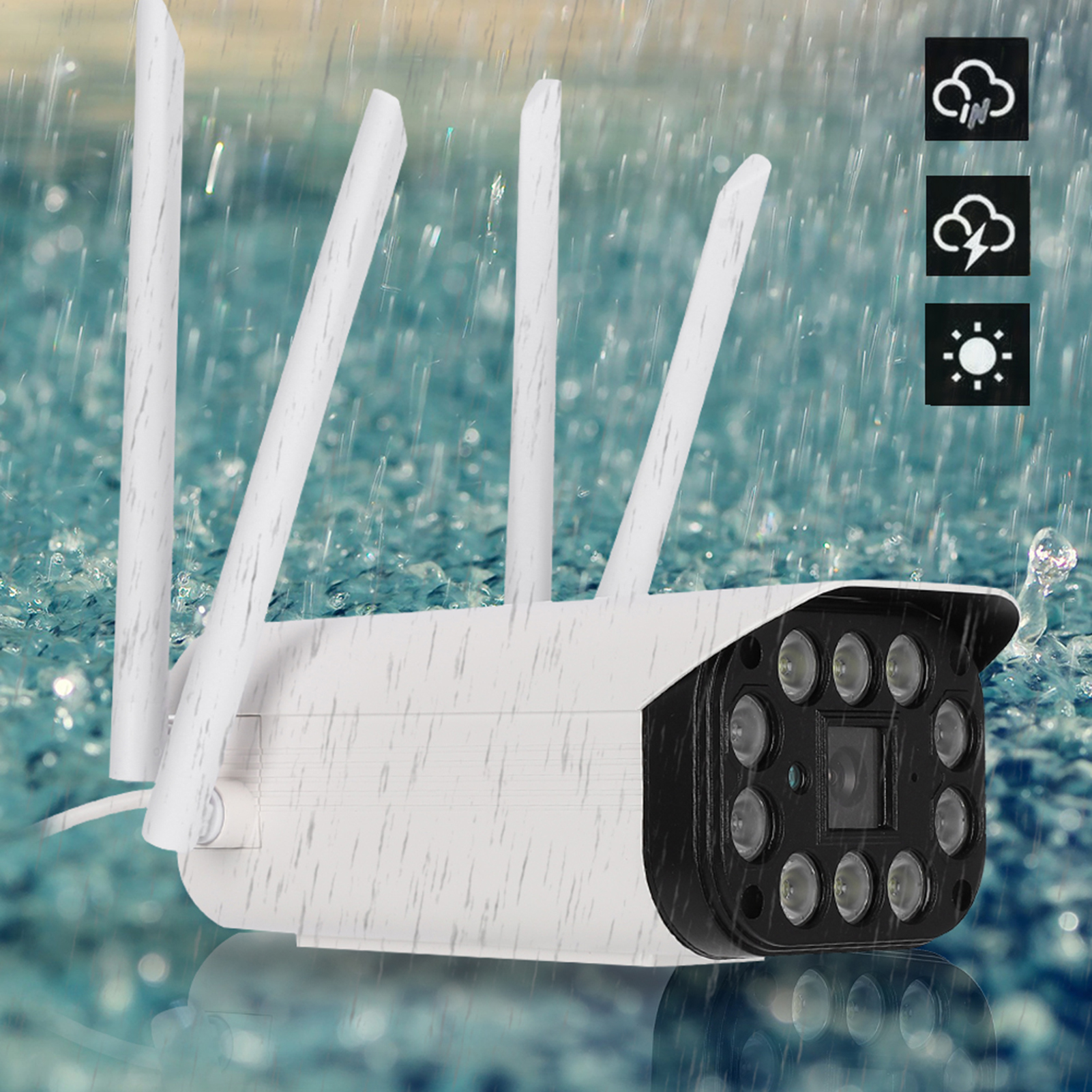 Sicherheitskamera mit Antennen im Regen. Hat mehrere Linsen und eine schwarze Vorderseite.