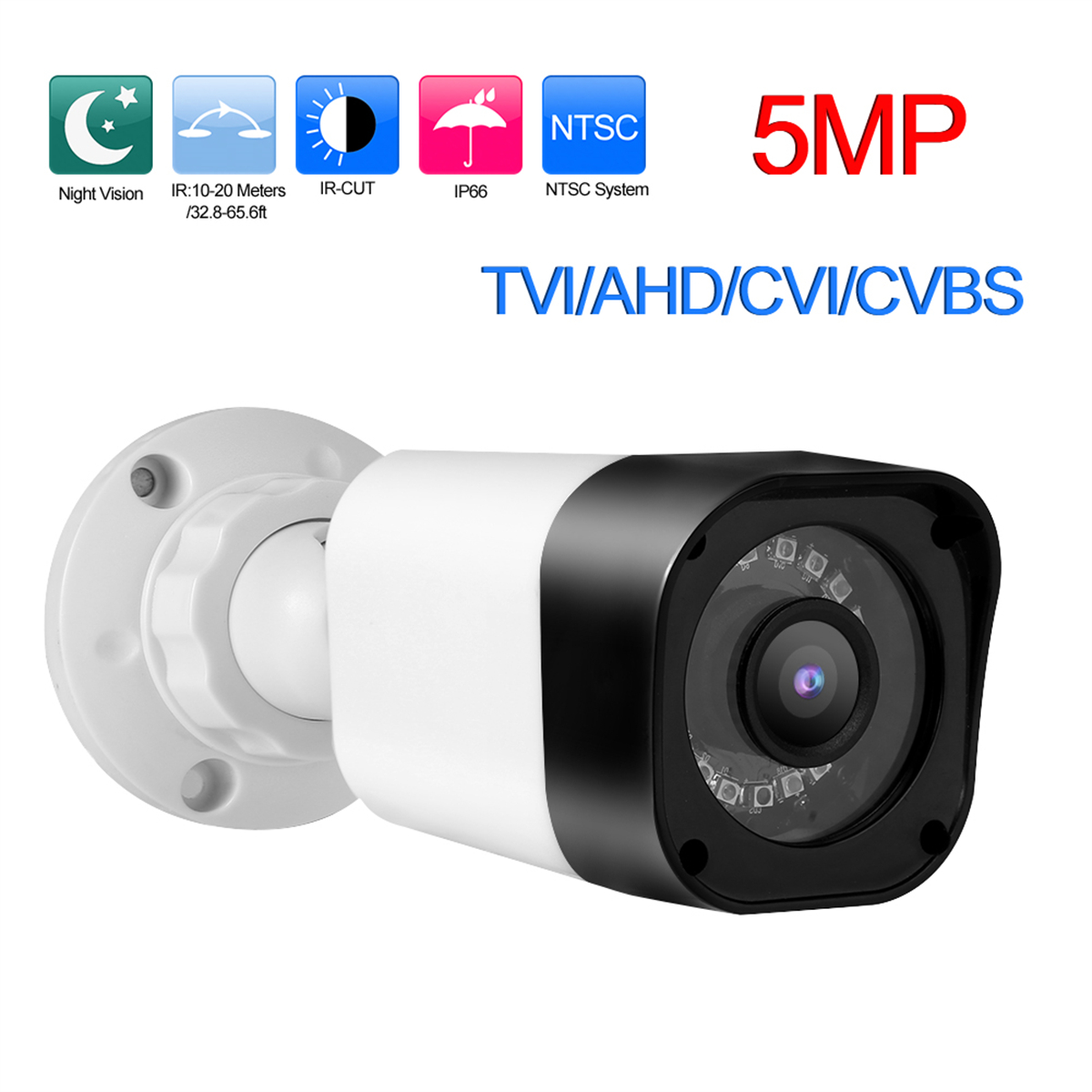 Sicherheitskamera mit Symbolen für Nachtsicht, IR und IP66. Der Text zeigt 5MP und TVI/AHD/CVI/CVBS.