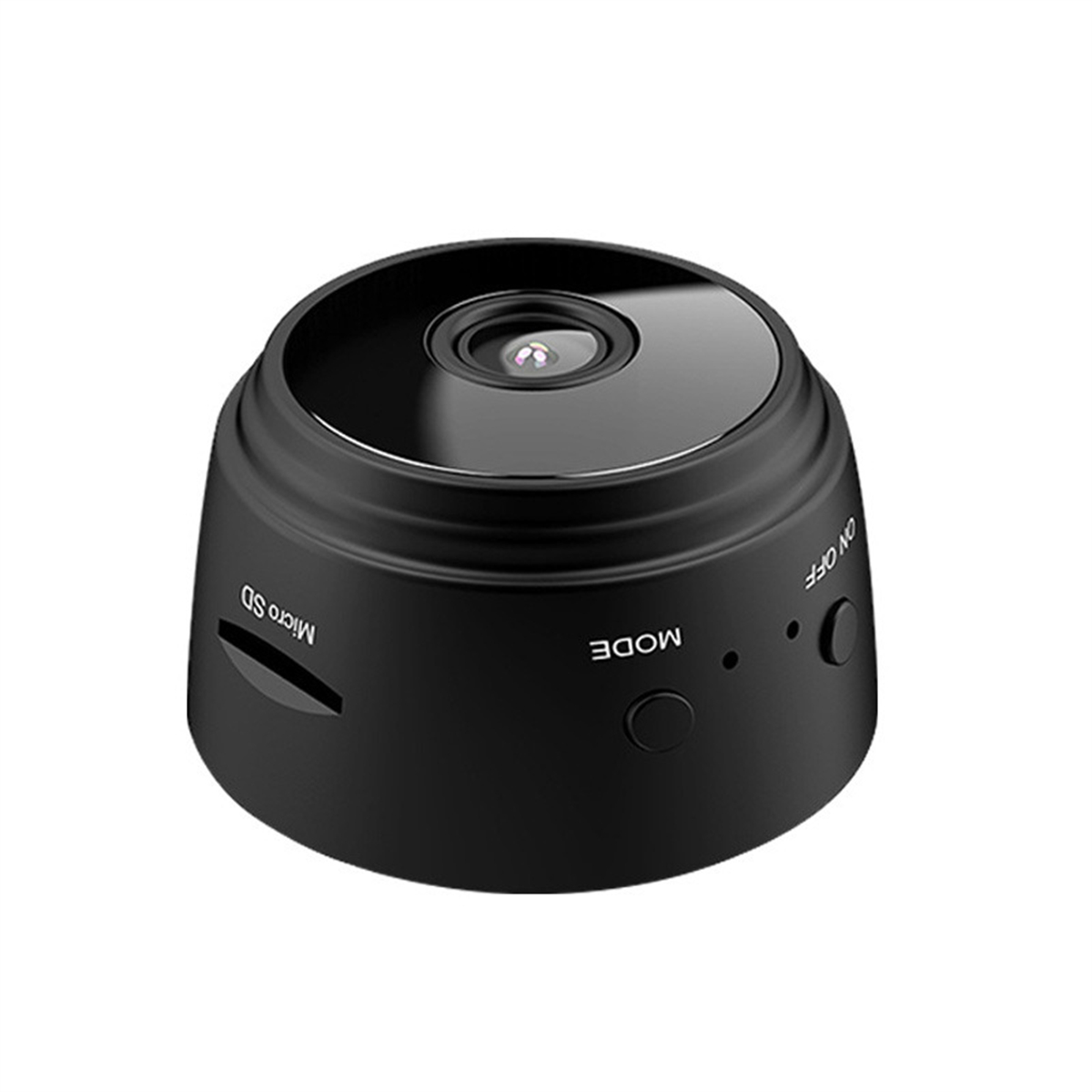 Eine kleine, schwarze, runde Überwachungskamera mit Knöpfen und einem Micro-SD-Steckplatz, auf weißem Hintergrund.