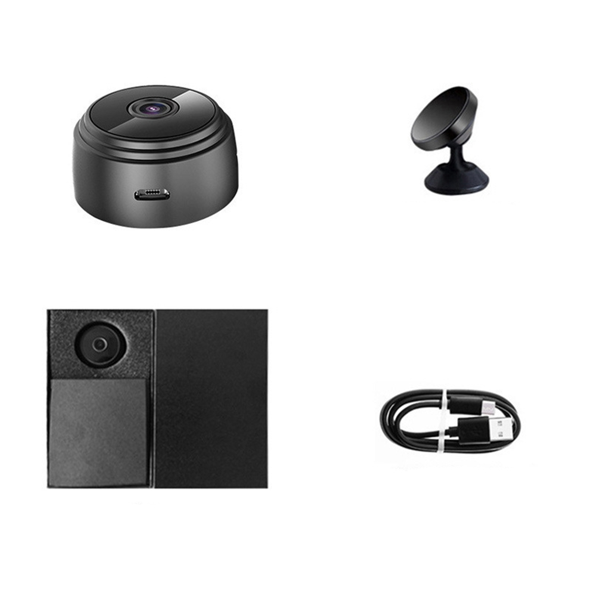 Mehrere kleine schwarze Kameras und Zubehör, darunter ein Ladekabel.