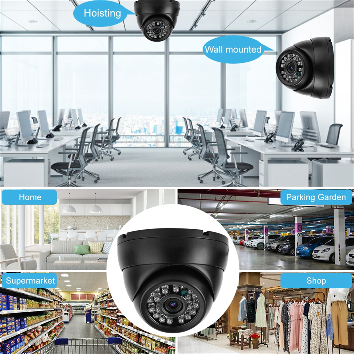 CCTV-Kameras in verschiedenen Umgebungen: Büro, Zuhause, Supermarkt, Geschäft und Parkplatz.