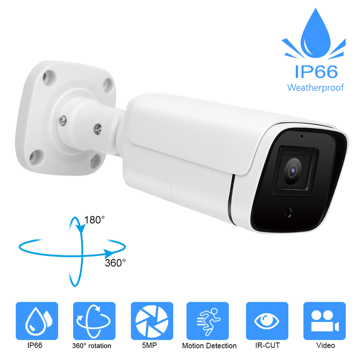 Weiße Überwachungskamera mit schwarzem Objektiv, Symbole für Funktionen: IP66, 360° Drehung, 5MP, Bewegungserkennung, IR-CUT und Video.