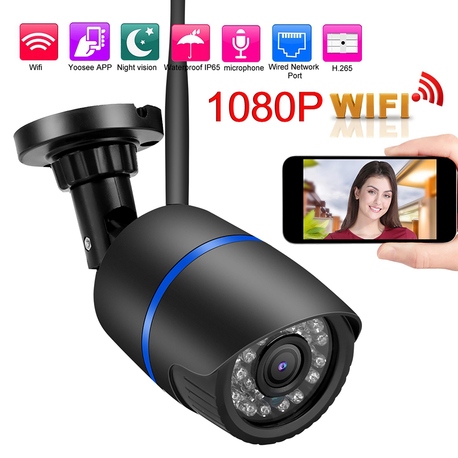Schwarze Überwachungskamera mit blauem Ring, Text sagt "1080P WIFI". Frau auf Telefonbildschirm.