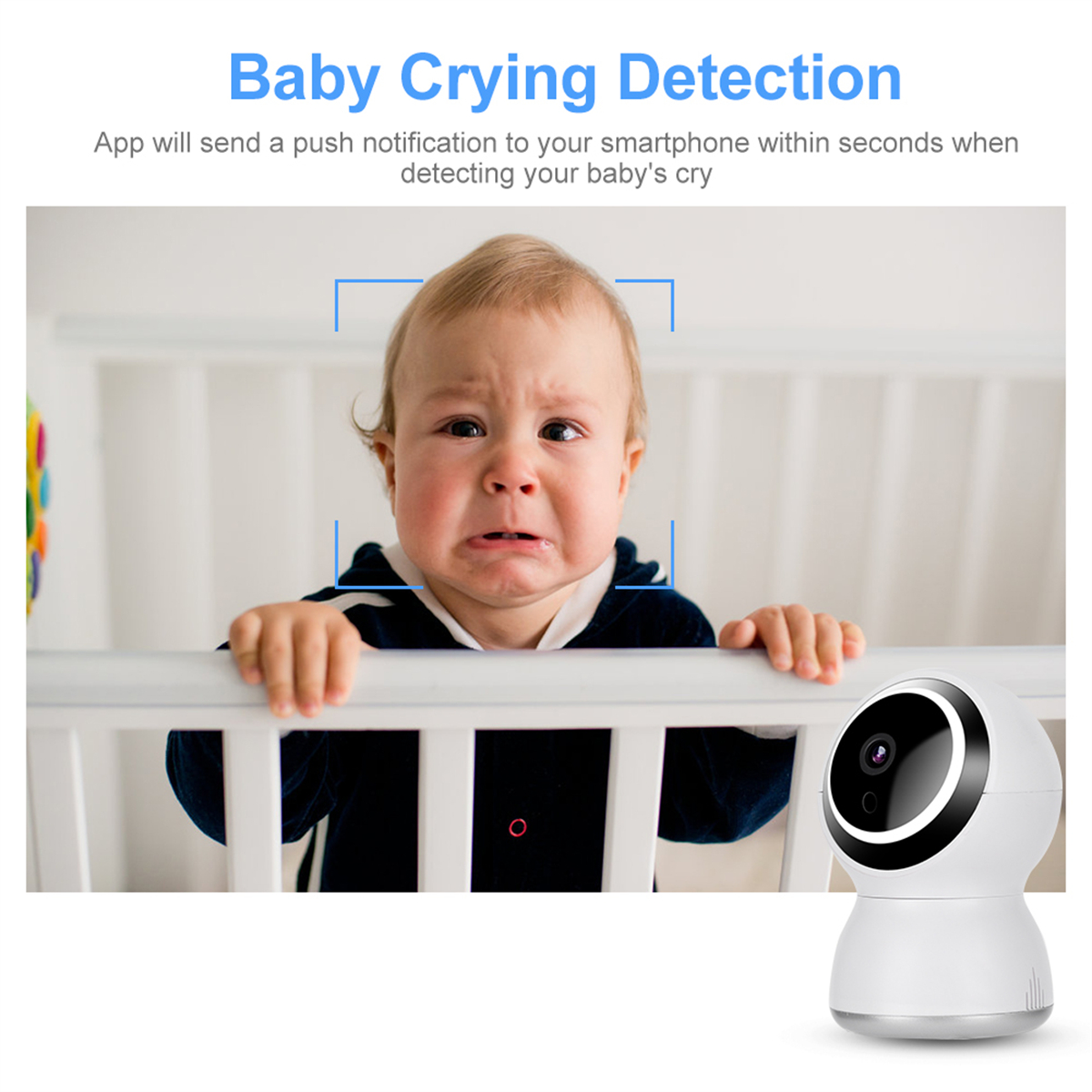 Ein Baby in einem Kinderbett weint. Ein Babyphone ist im Vordergrund.