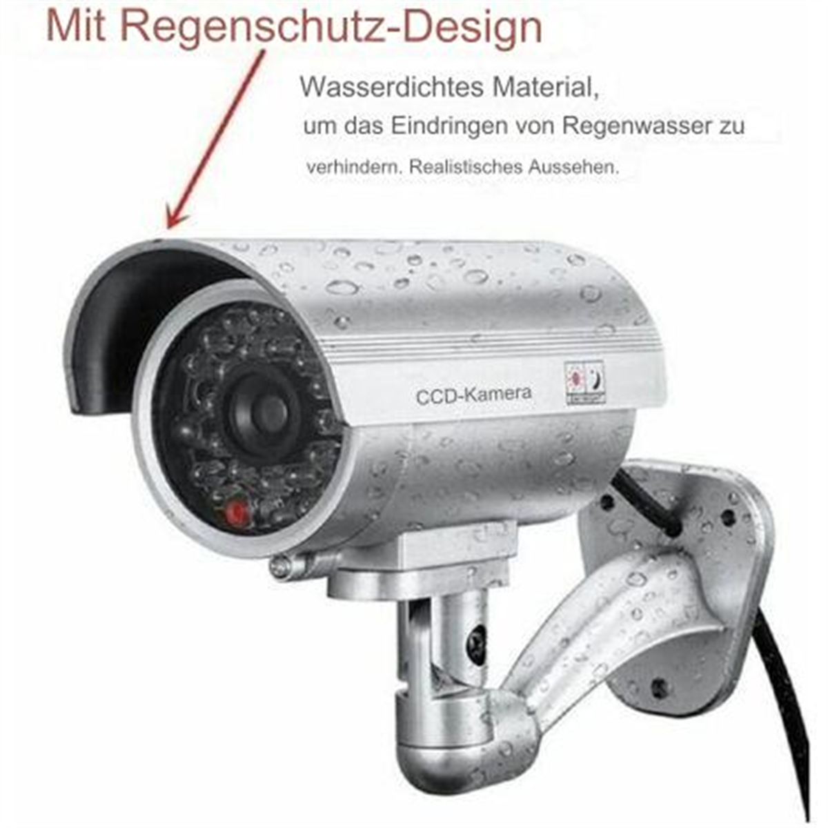 Silberne Überwachungskamera mit schwarzem Visier. Text: 'CCD Kamera'.