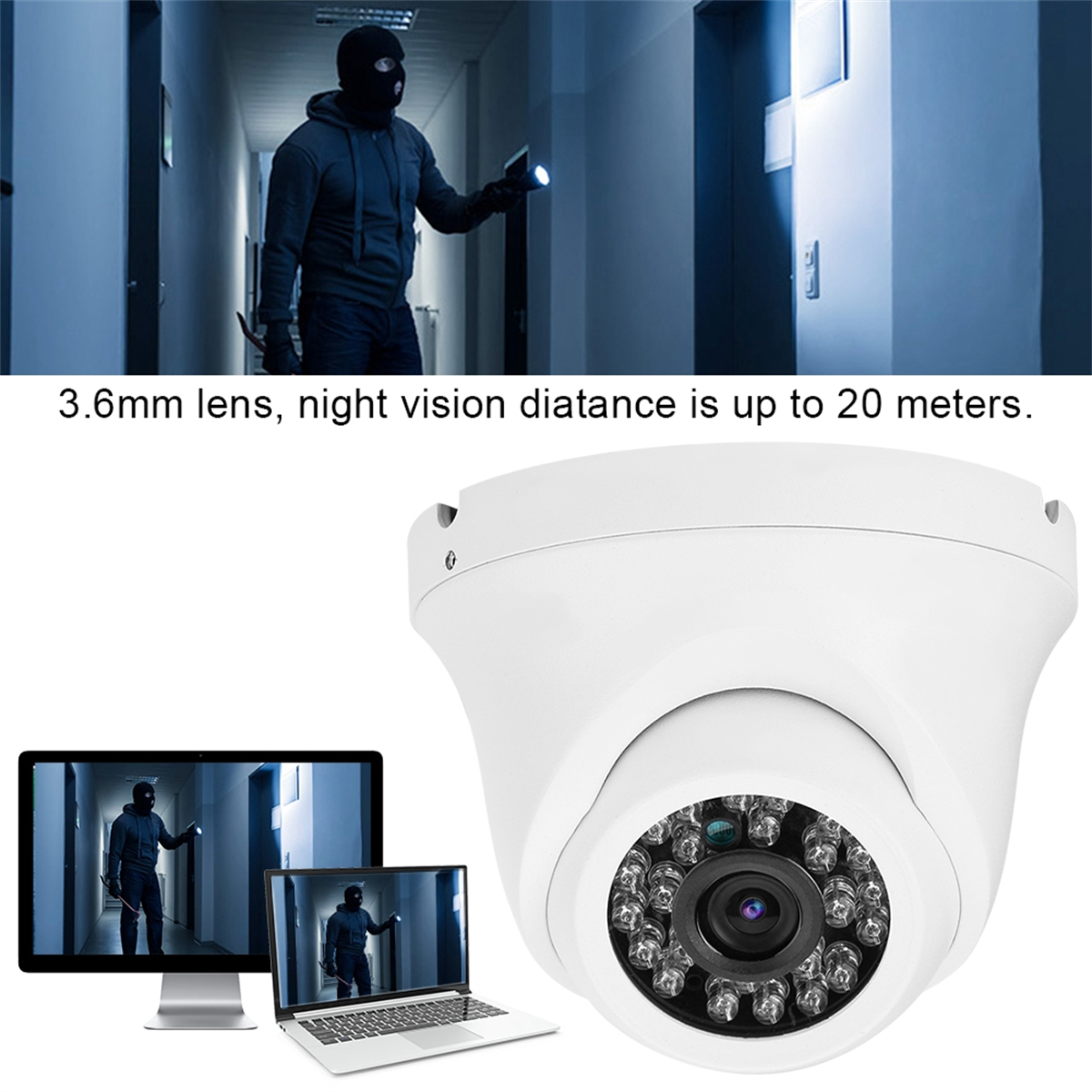 Weiße Überwachungskamera mit 3,6mm Objektiv und Bilder eines Diebes auf Computerbildschirmen.