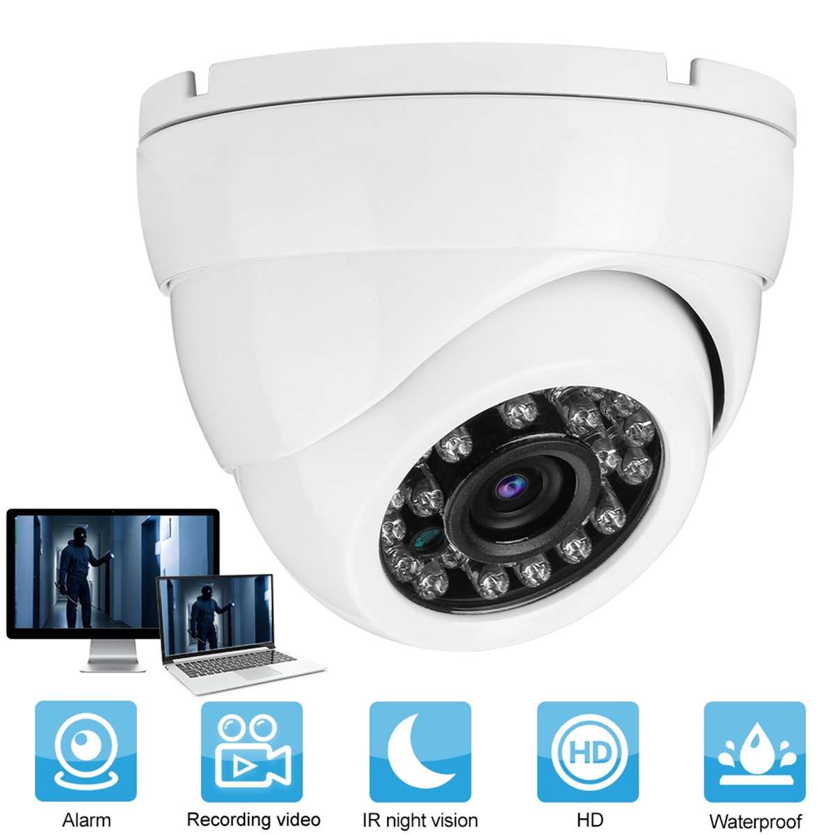 Weiße Sicherheitskamera mit mehreren Funktionen: Alarm, Aufnahme, IR-Nachtsicht, HD und wasserdicht.