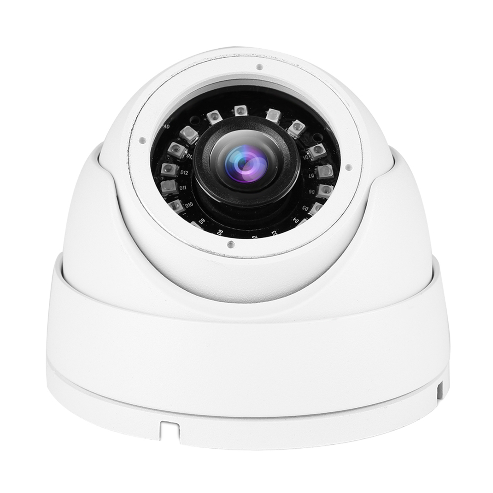 Weiße Dome-Überwachungskamera mit schwarzem Objektiv und LED-Leuchten um das Objektiv.