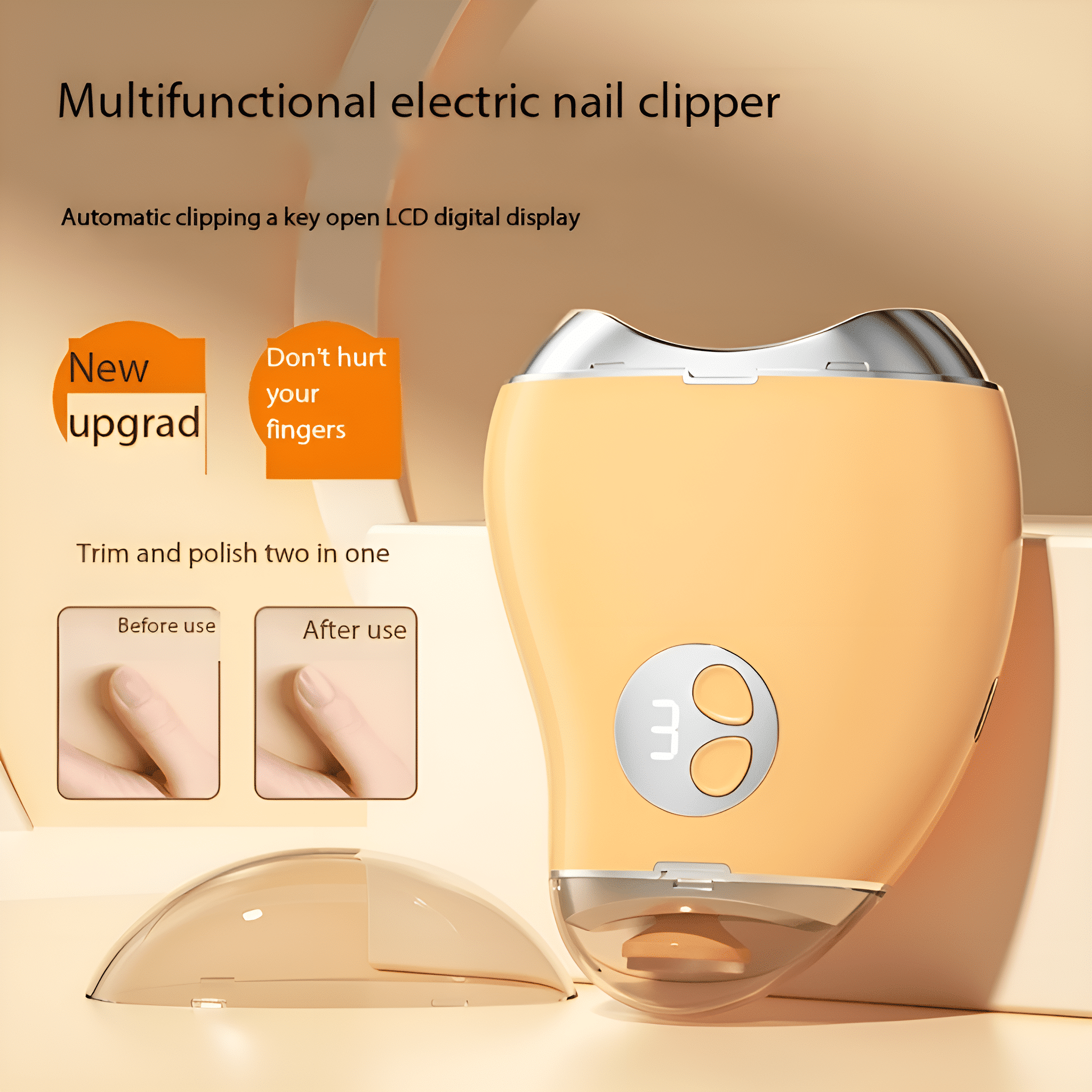 Orangener elektrischer Nagelknipser mit Digitalanzeige und zwei Fingern.