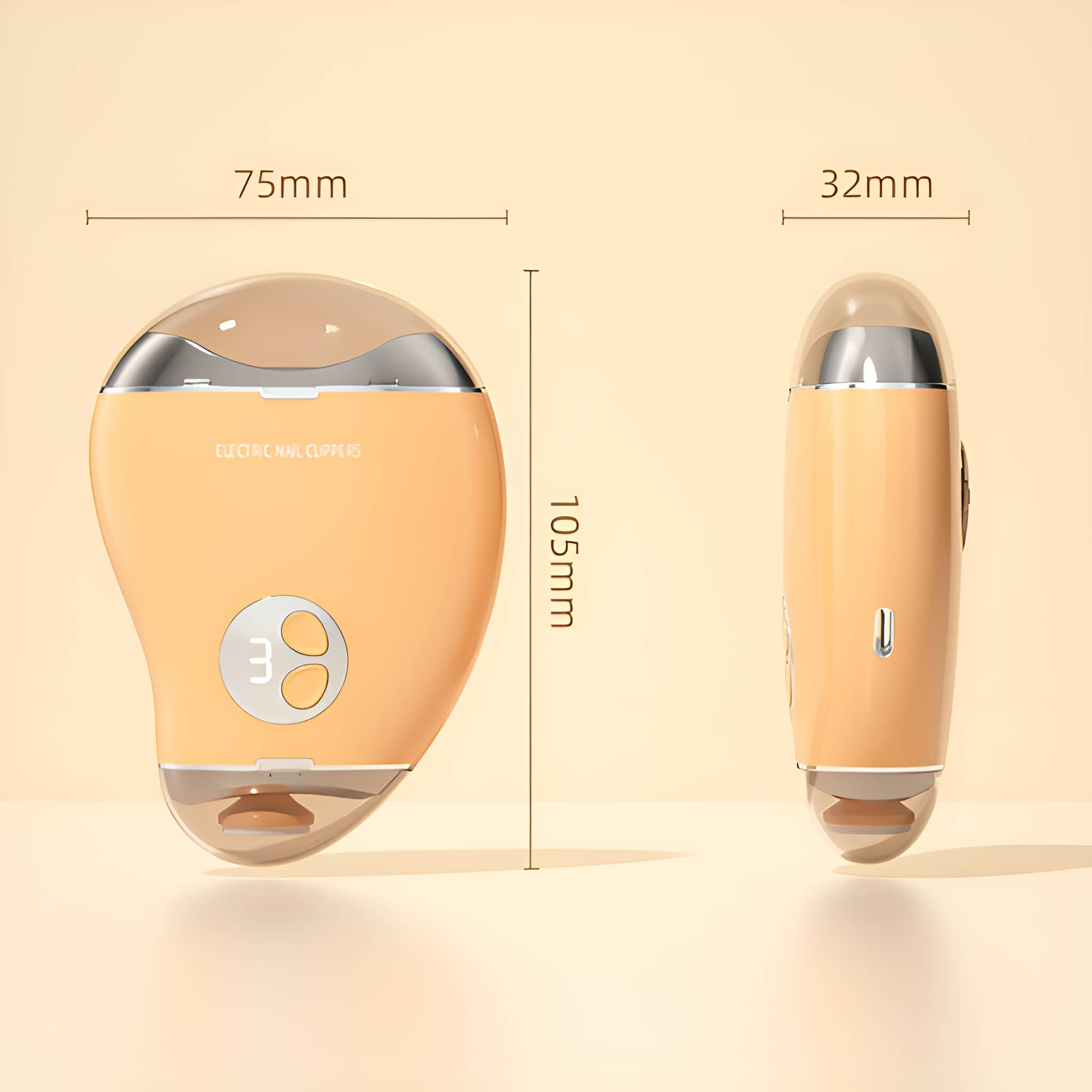 Elektrischer Nagelknipser, orange und silber, mit den Maßen: 105mm x 75mm x 32mm.
