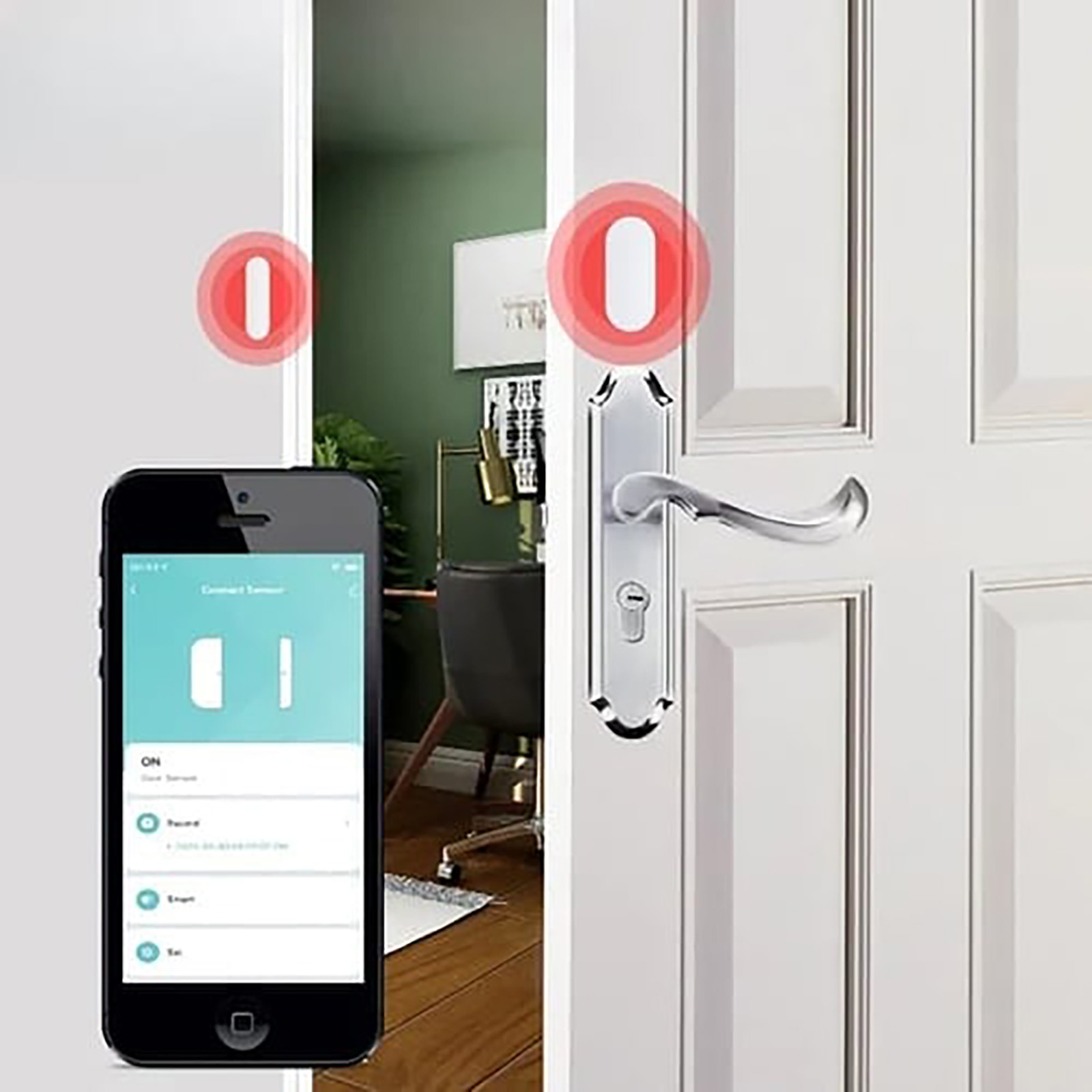 Intelligentes Türschlosssystem. Zeigt Tür, Telefon mit App und rote Alarmanzeigen.