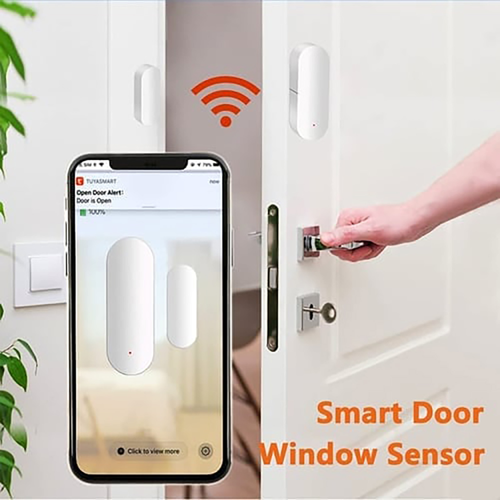 Smart Tür-/Fenstersensor. Ein Telefon zeigt eine Warnung. Eine Hand schließt die Tür, mit einem Schlüssel.