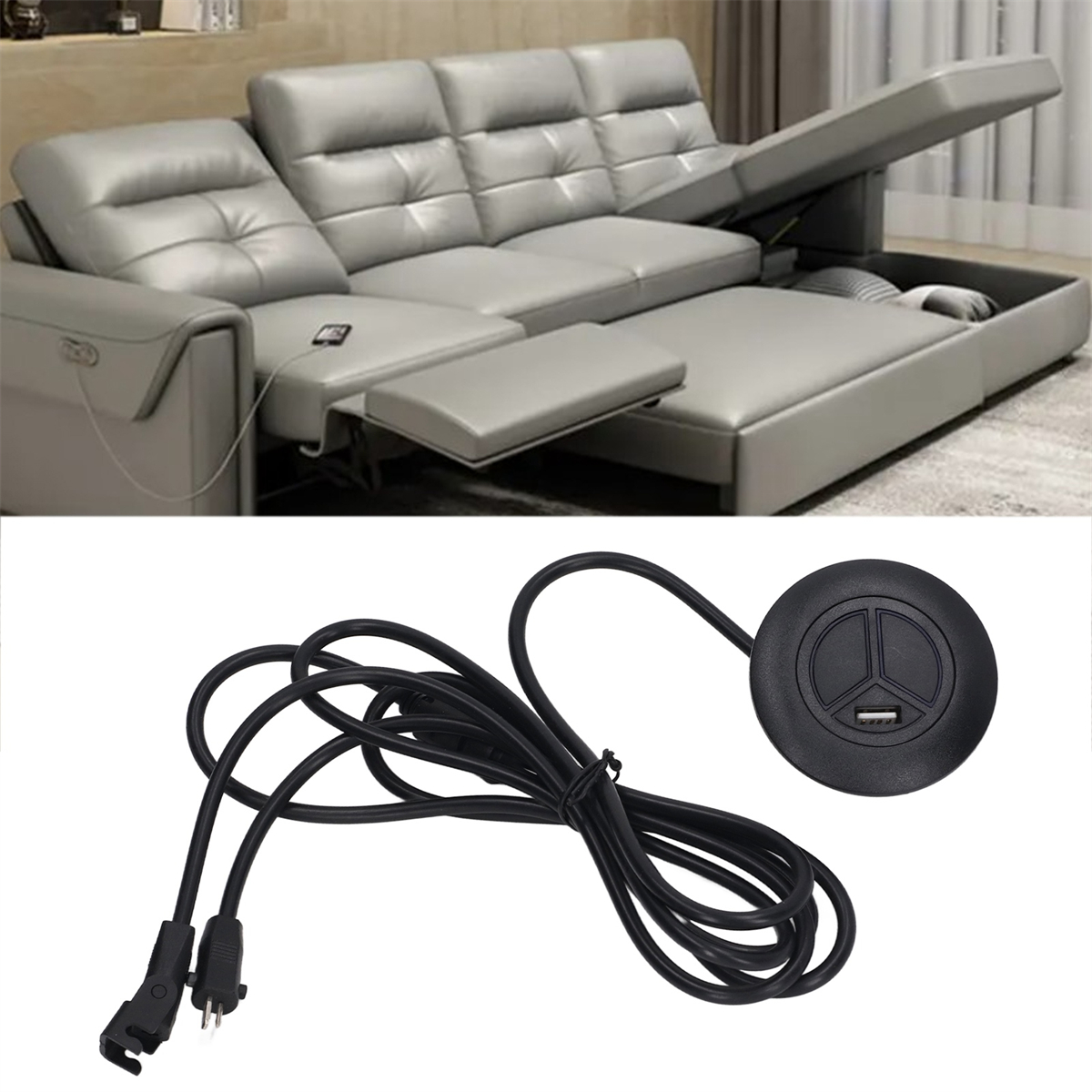 Ein graues Ledersofa mit offenem Stauraum und einem Fernbedienungskabel.