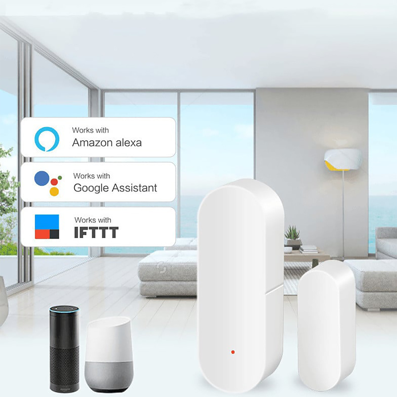 Smart Home Geräte: zwei weiße Sensoren und ein Smart Speaker mit Amazon Alexa und Google Assistant Logos.