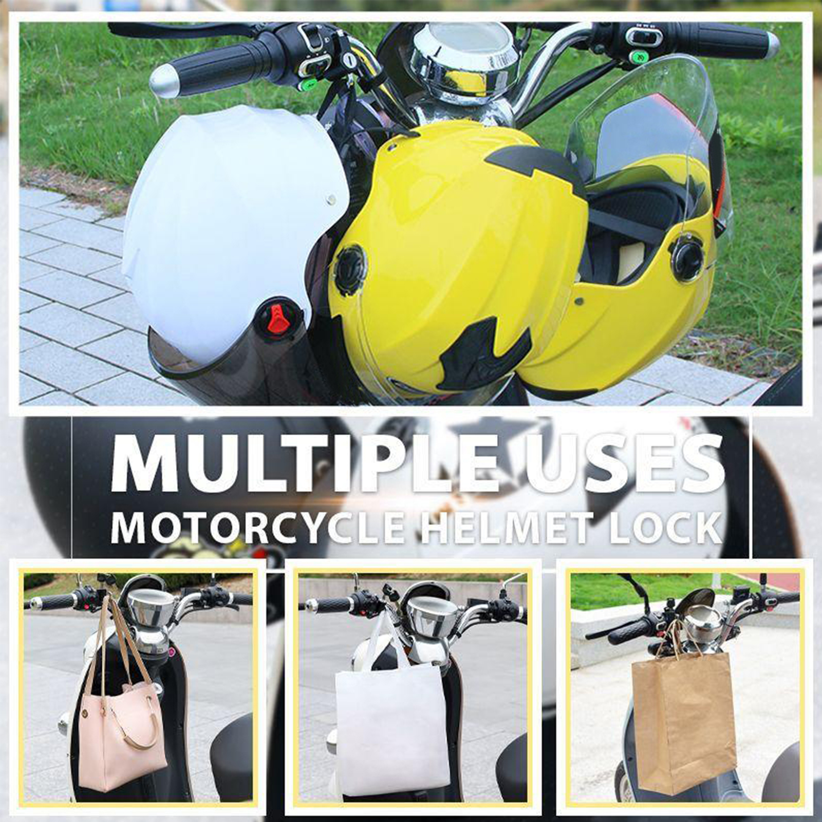Motorradhelm-Schloss mit weißen und gelben Helmen. Zeigt auch hängende Taschen.