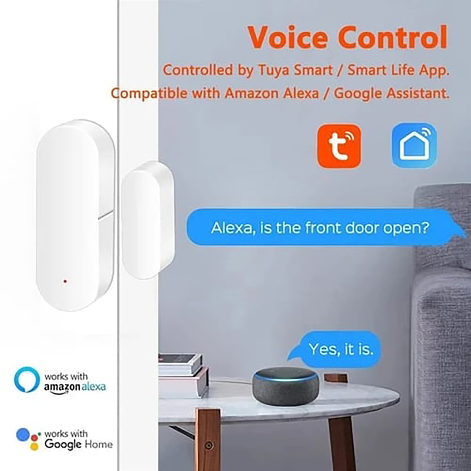 Ein Smart-Home-Sicherheitssetup mit zwei weißen Sensoren und einem Smart Speaker mit Sprechblase.