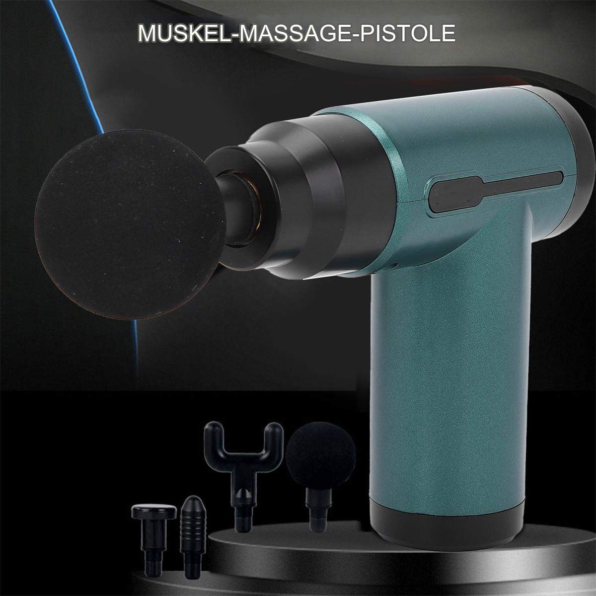 Massagepistole mit verschiedenen Aufsätzen und Produktname.