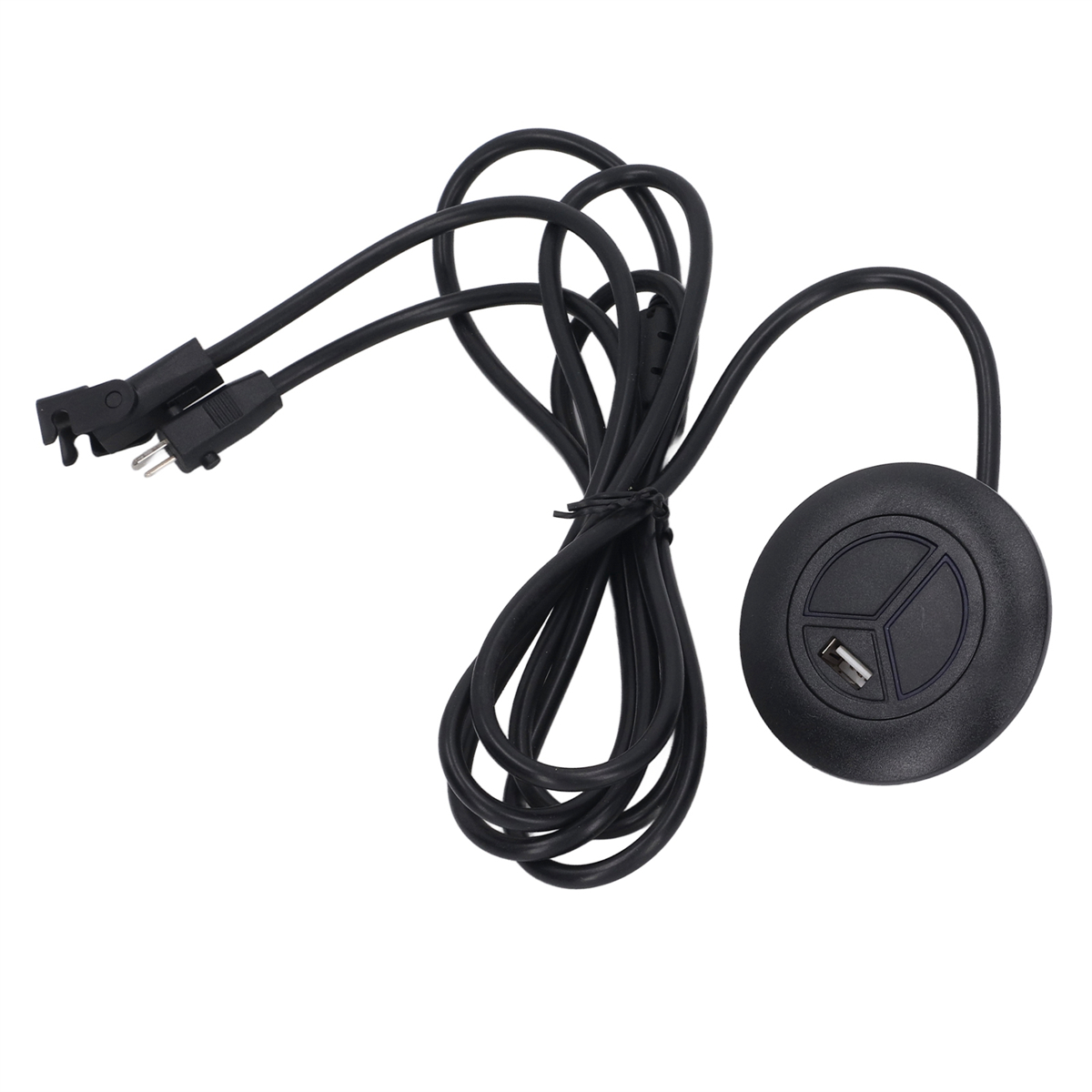 Schwarzes Netzkabel mit USB-Anschluss und einem dreipoligen Stecker für einen Liegesessel.