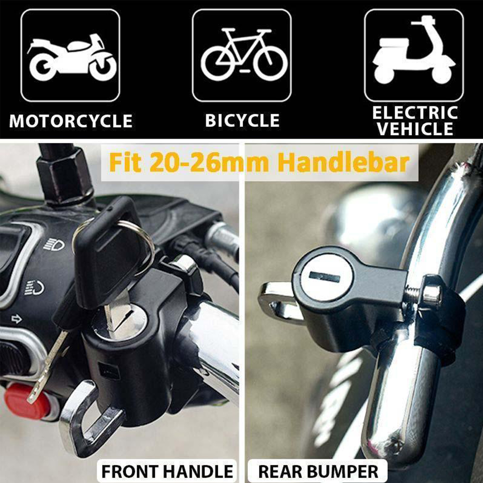 Das Bild zeigt ein Motorrad, ein Fahrrad und ein Elektrofahrzeug. Zeigt Schlösser für den vorderen Lenker und die hintere Stoßstange.