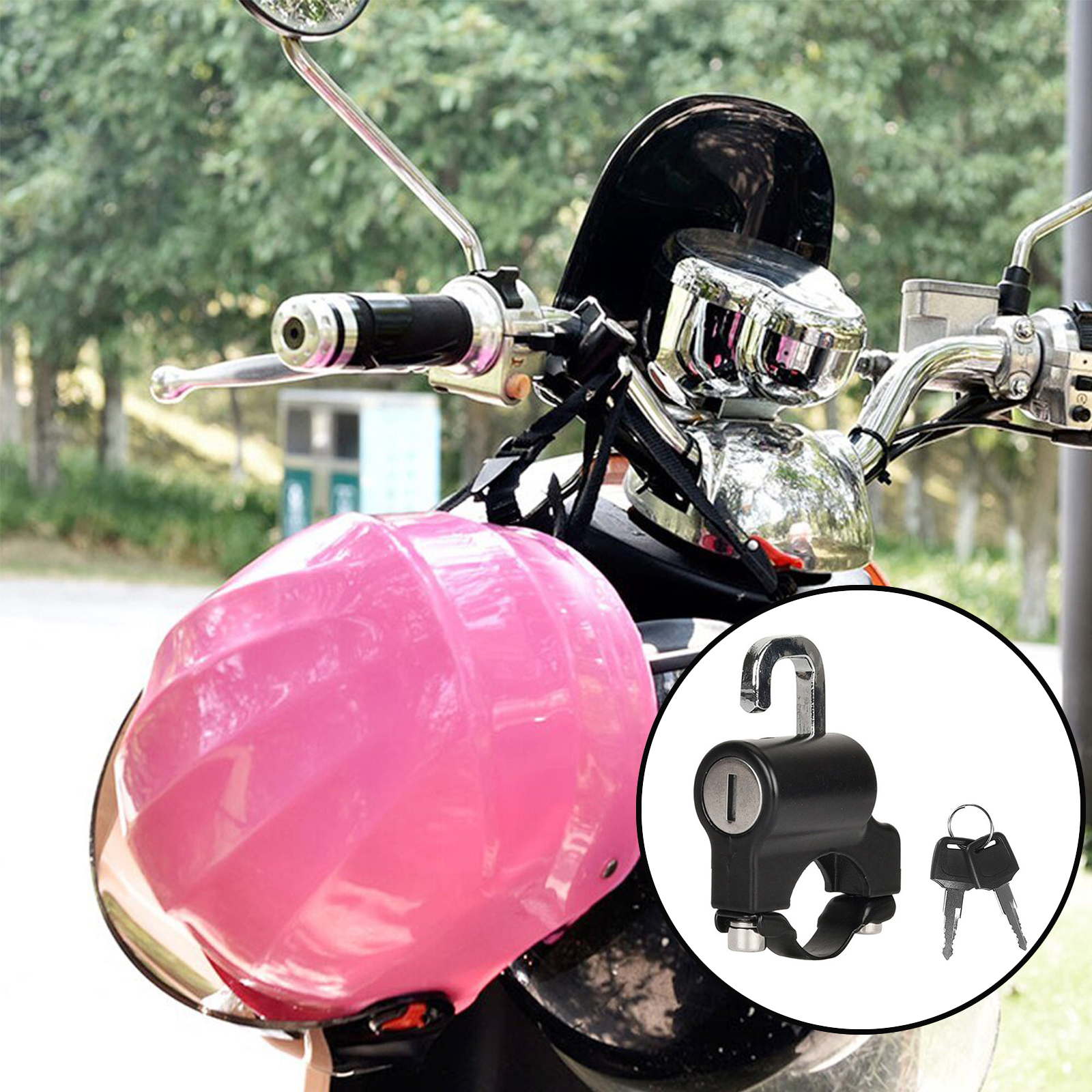 Ein rosa Helm auf einem Roller. Schloss und Schlüssel im Kreis.
