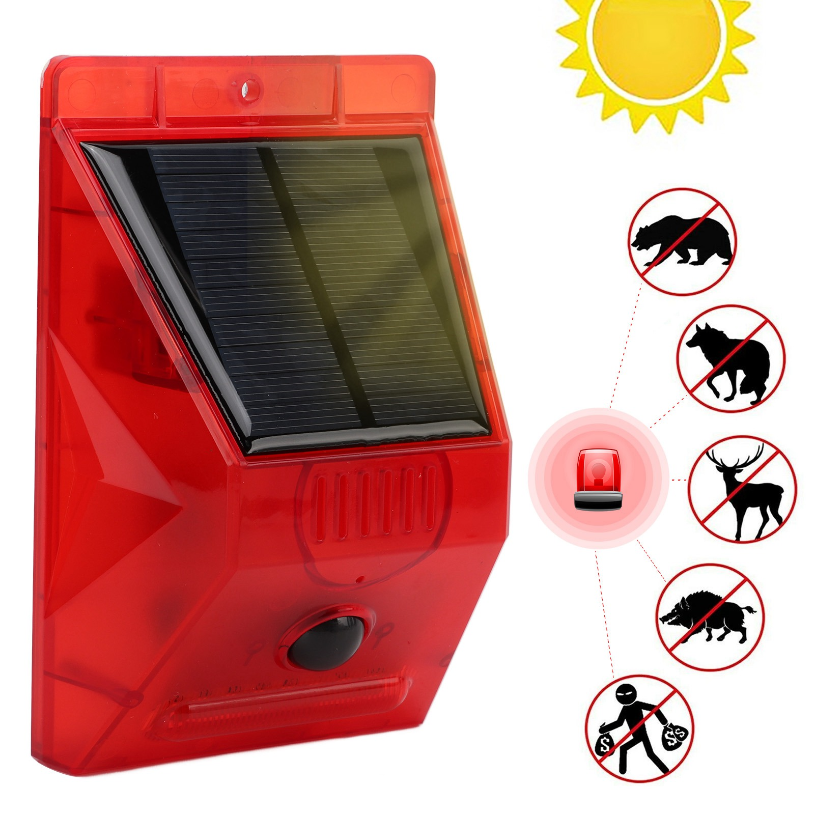 Rotes Sicherheitsgerät mit Solarpanel und Icons von Tieren, Sonne und einem Dieb.