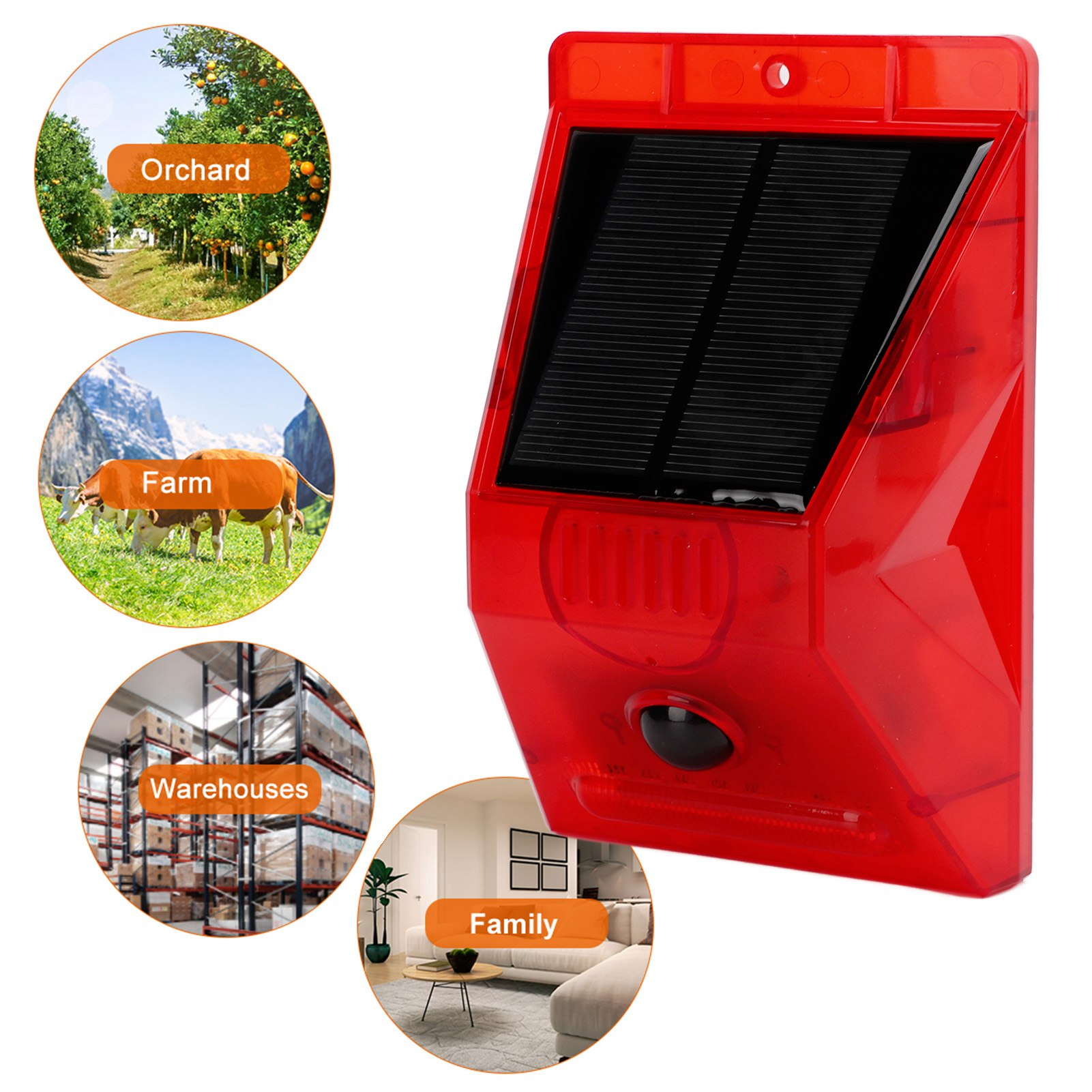 Ein rotes Alarmgerät mit Solarpanel. Insets zeigen Obstgarten, Bauernhof mit Kühen, Lagerhallen und Familie.