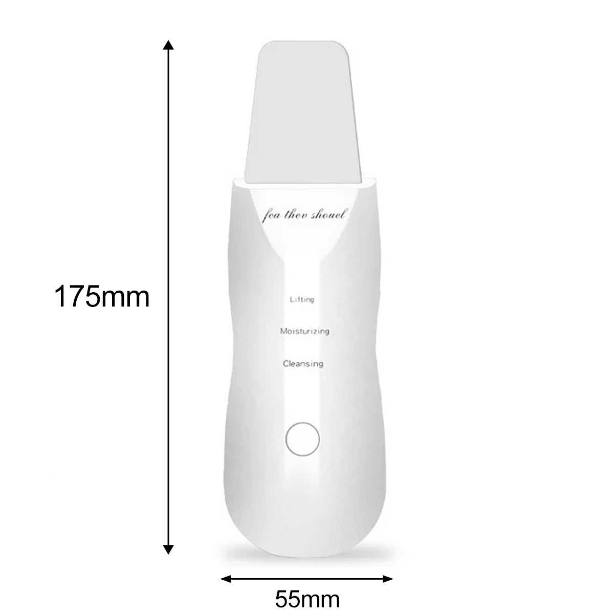 Ein weißes Gerät zur Gesichtsreinigung. Es hat einen flachen Kopf und einen abgerundeten Körper. Abmessungen sind 175 mm x 55 mm.