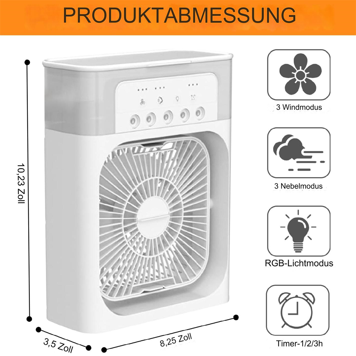 Ein weiß-grauer Ventilator mit Produktdiagramm und Funktionssymbolen.
