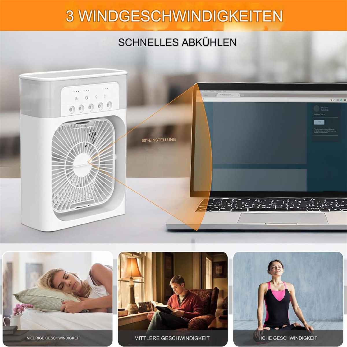 Weißer Luftkühler mit Ventilator. Illustrationen von Benutzeraktivitäten: Schlafen, Lesen und Yoga.