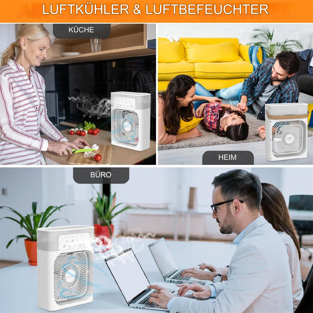 Mehrere Bilder, die einen weißen Luftkühler in Küche, Zuhause und Büro zeigen.