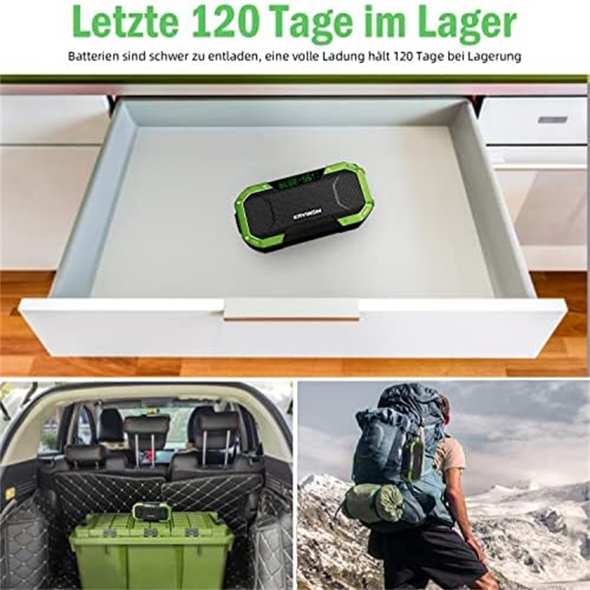 Eine Schublade mit Lautsprecher, eine grüne Box im Auto und eine Person mit Rucksack auf dem Berg.