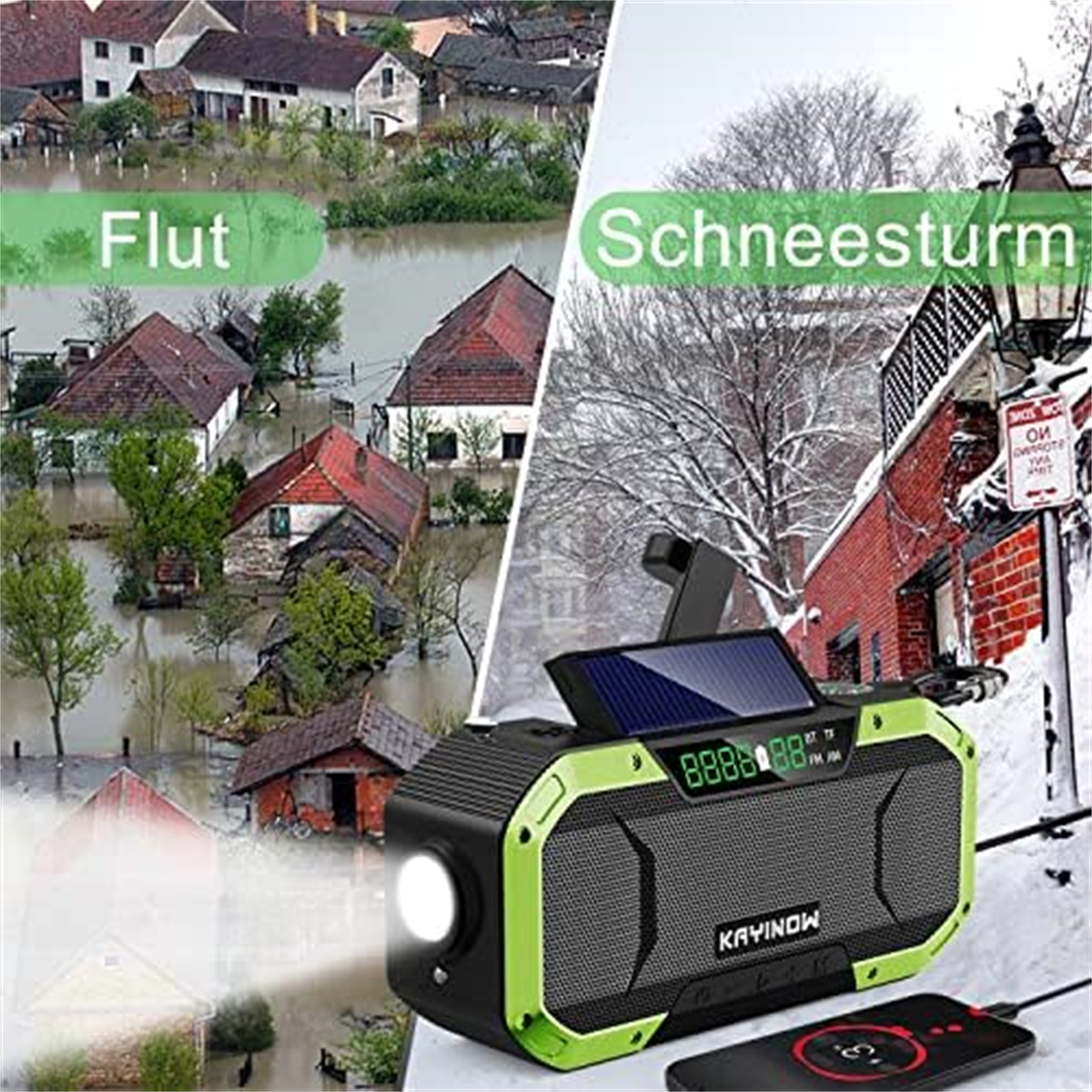 Ein Lautsprecher mit Flut- und Schneesturm-Hintergründen hat ein Solarpanel und eine Fernbedienung.