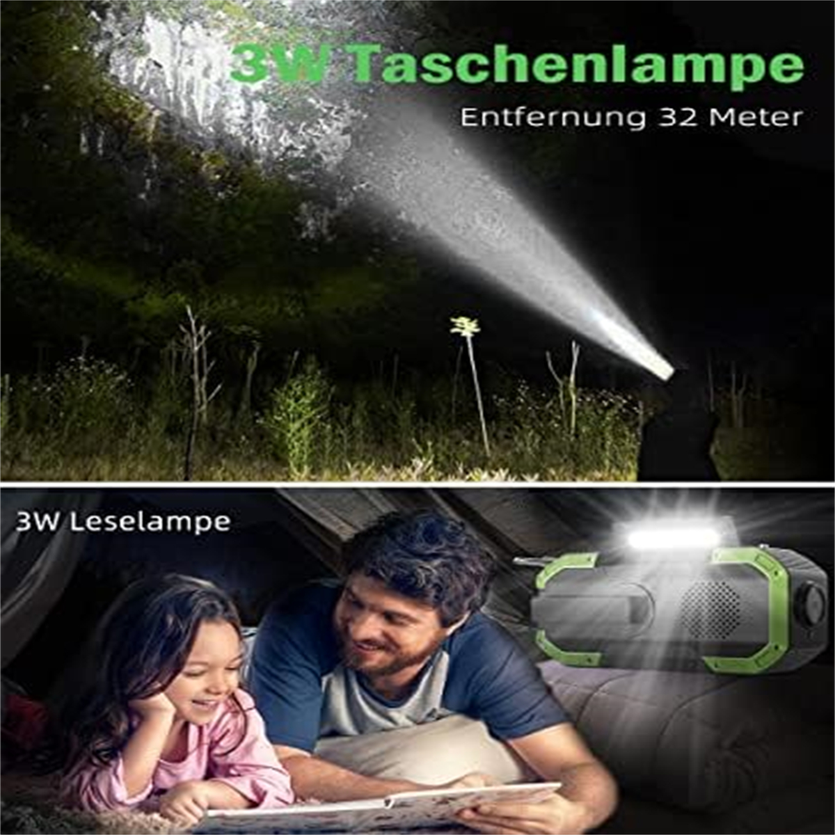 Oben: Ein Taschenlampenstrahl in einem dunklen Wald. Unten: Ein Mann und ein Mädchen lesen mit einer Lampe.