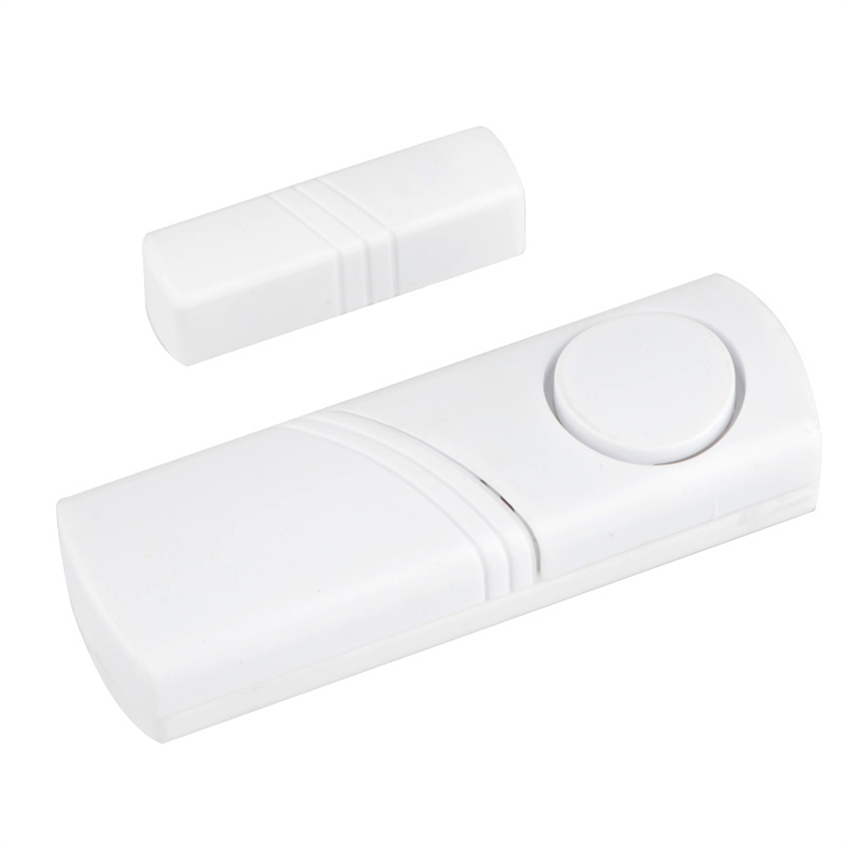 Ein weißer Tür-/Fenstersensor, mit zwei Teilen: einem langen mit Knopf und einem kleineren.