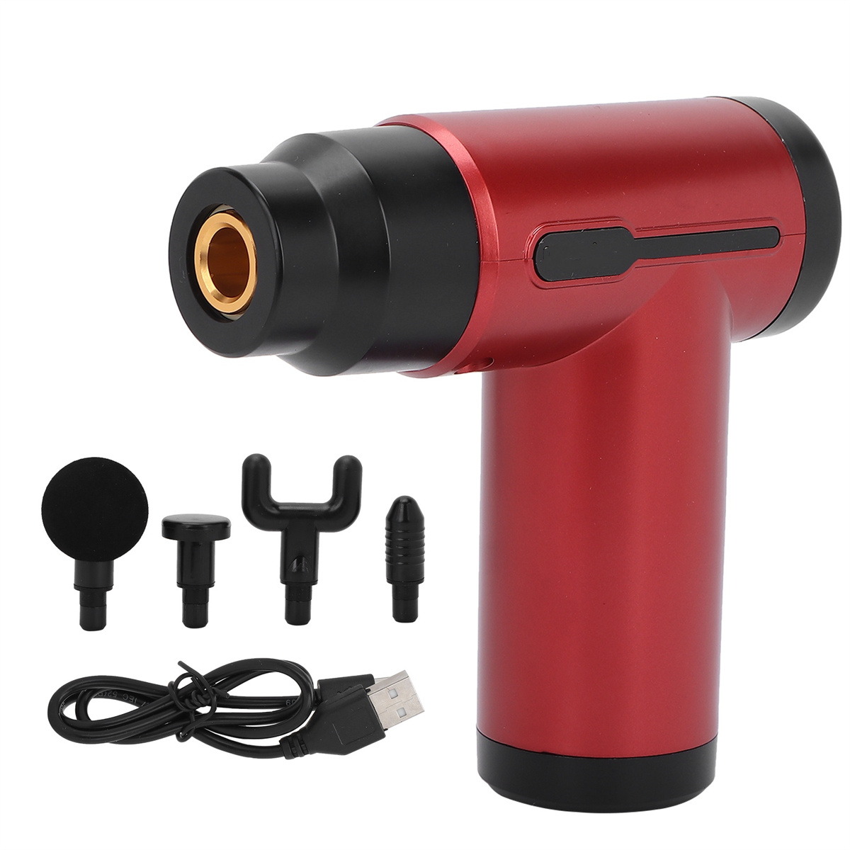 Rote Massagepistole mit verschiedenen Aufsätzen und einem schwarzen USB-Kabel.