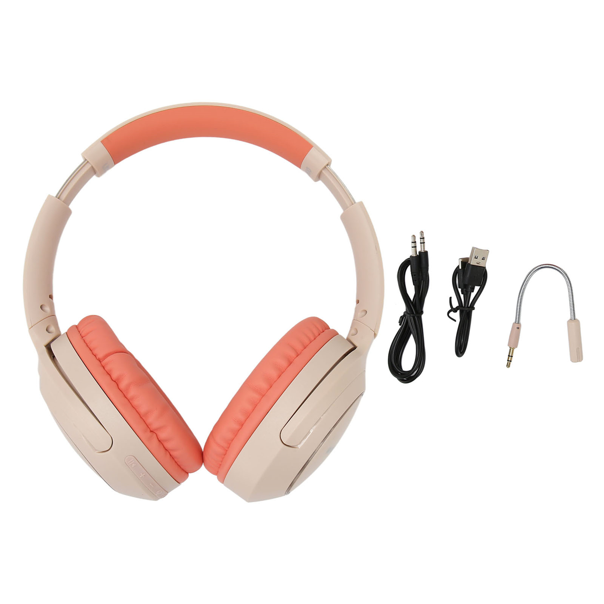 Kopfhörer mit orangefarbenen Ohrmuscheln und beigem Rahmen, Kabel und Mikrofon enthalten.