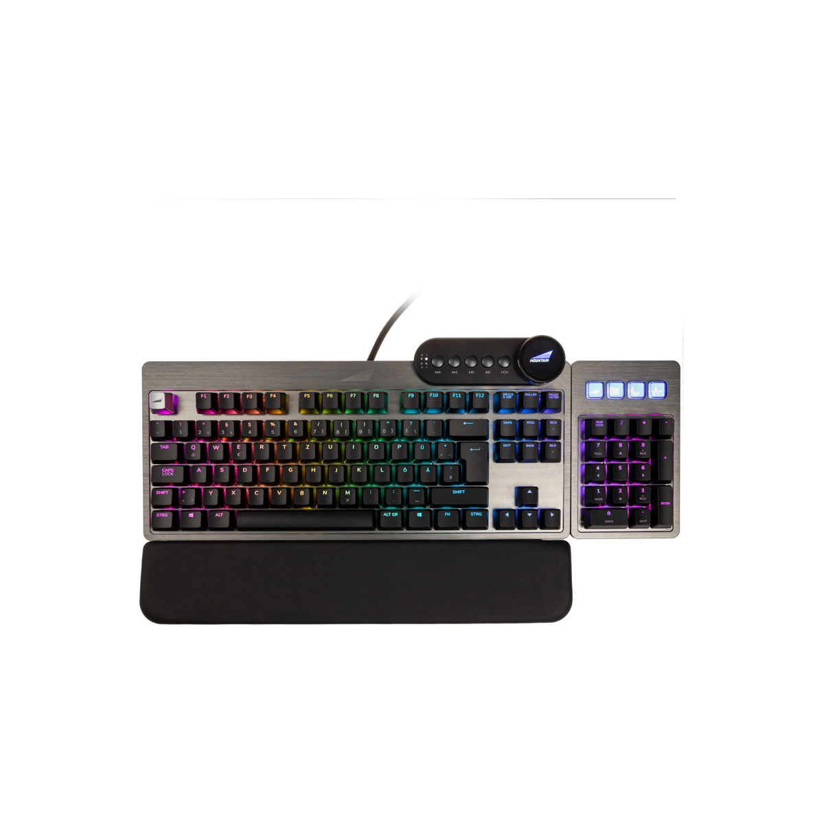 Eine silber-schwarze Gaming-Tastatur mit Handballenauflage und Nummernblock, beleuchtet mit bunten Lichtern.