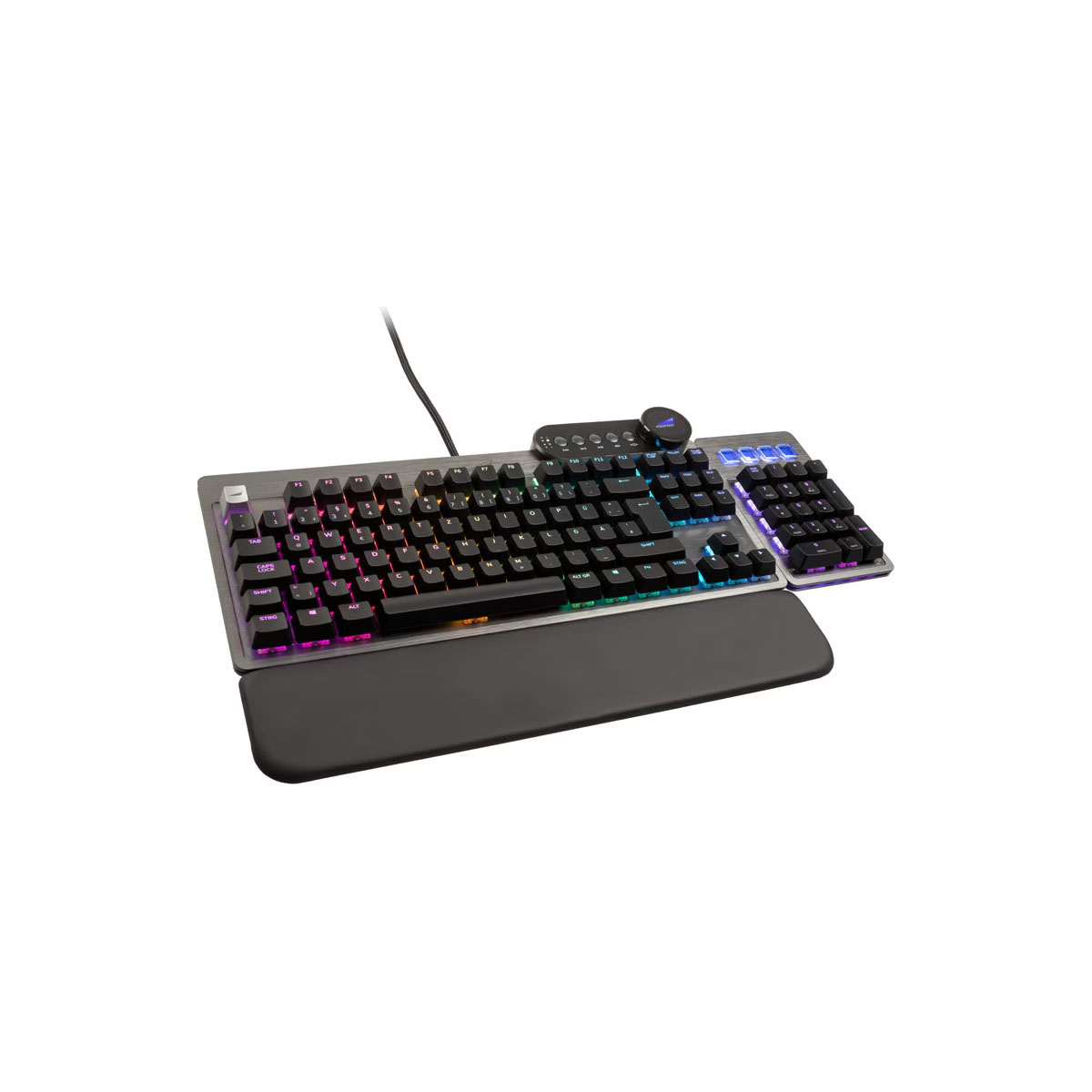 Eine Gaming-Tastatur mit mehrfarbigen Tasten, Handballenauflage und Nummernblock. Der Rahmen ist grau.