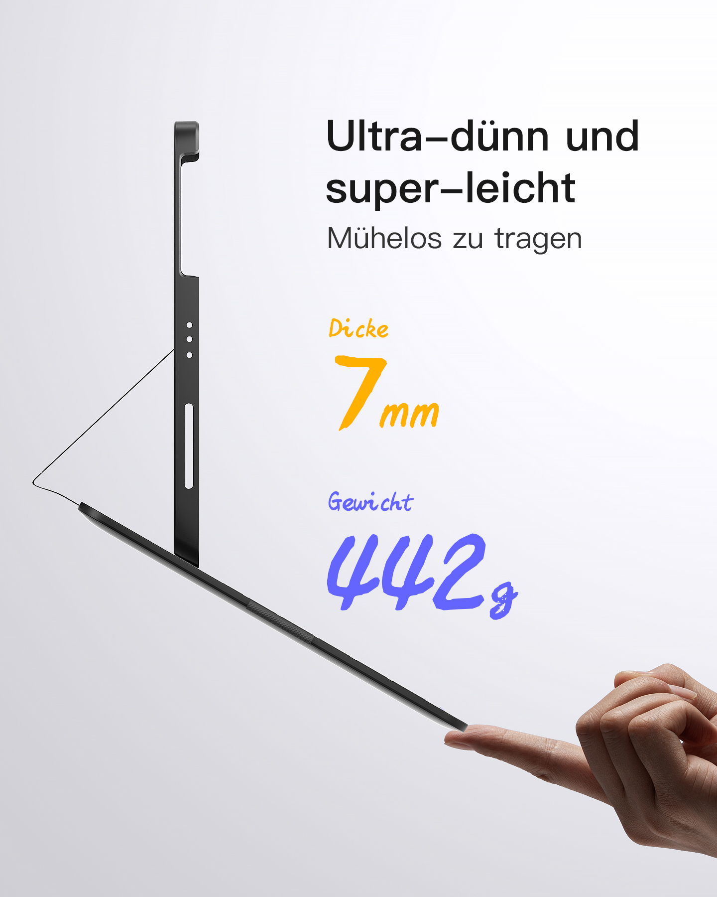 Schwarzer Tablet-Ständer mit Maßen und dem Text Ultra-dünn und super-leicht.