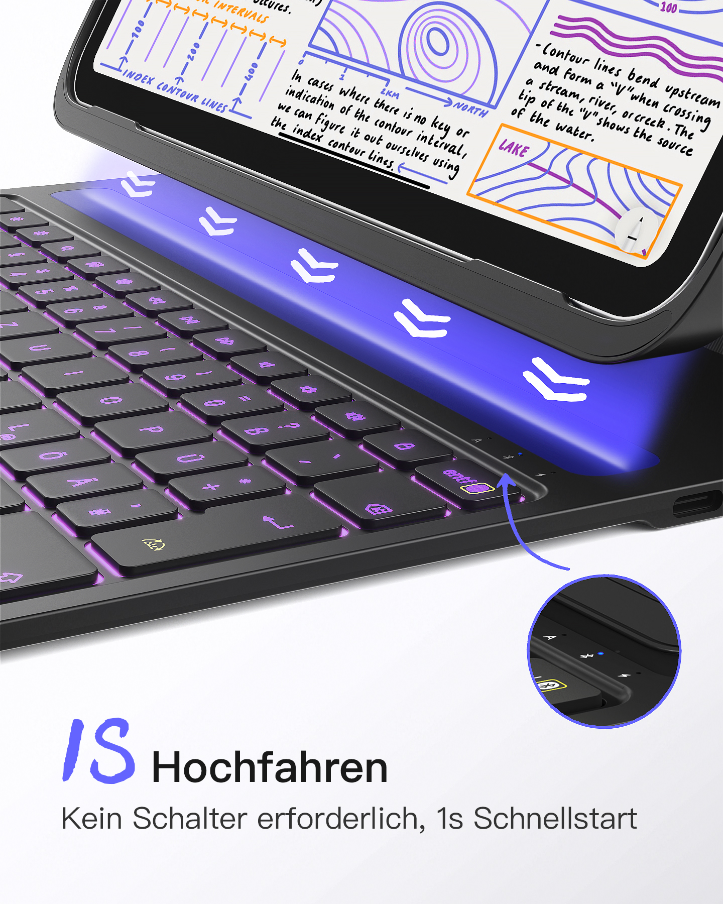 Eine schwarze Tastatur mit beleuchteten Tasten, integriert in ein aufgeklapptes Gehäuse. Das Gehäuse ist schwarz.