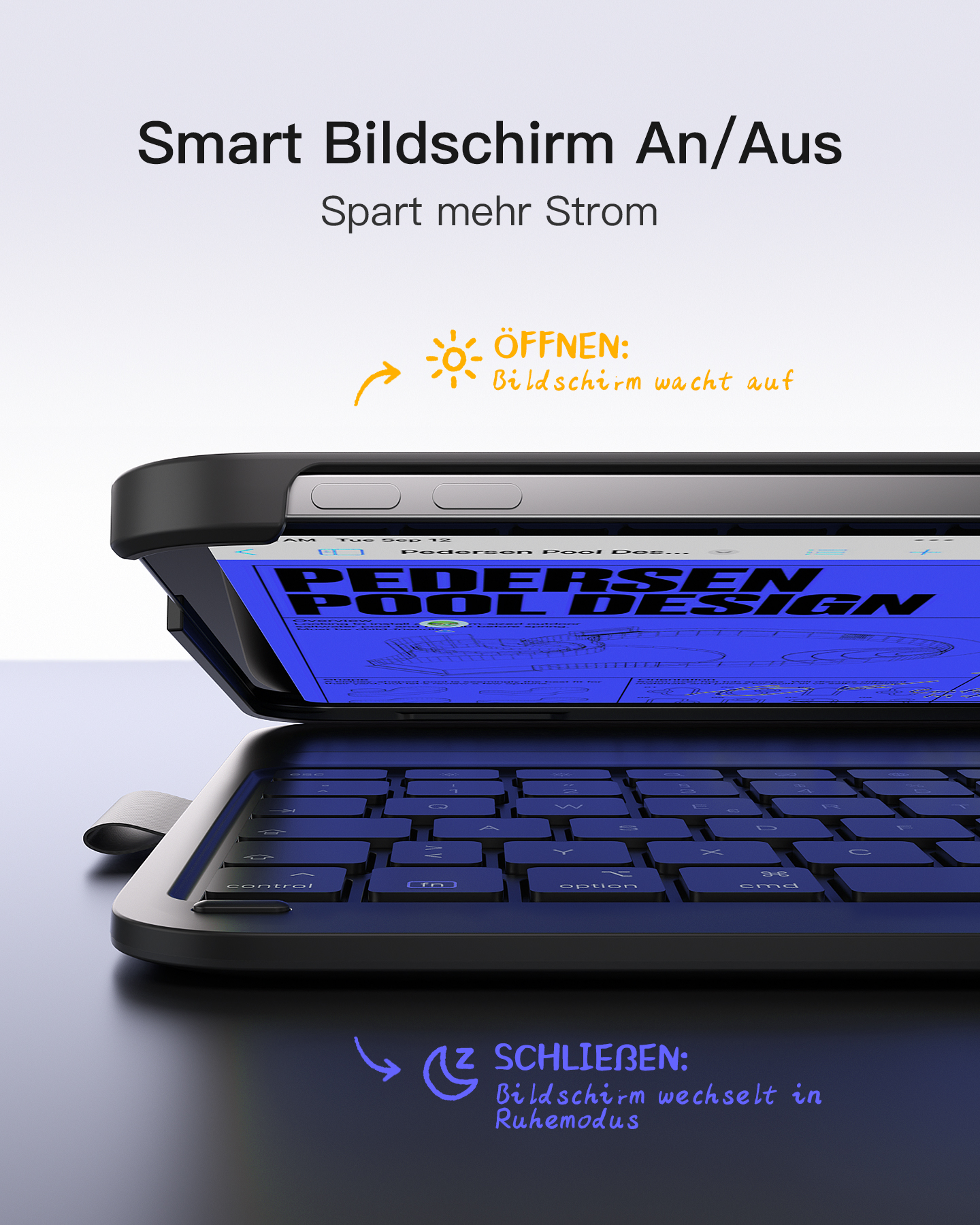 Ein Tablet mit Tastatur auf einem Tisch. Text auf Deutsch und Englisch vorhanden.