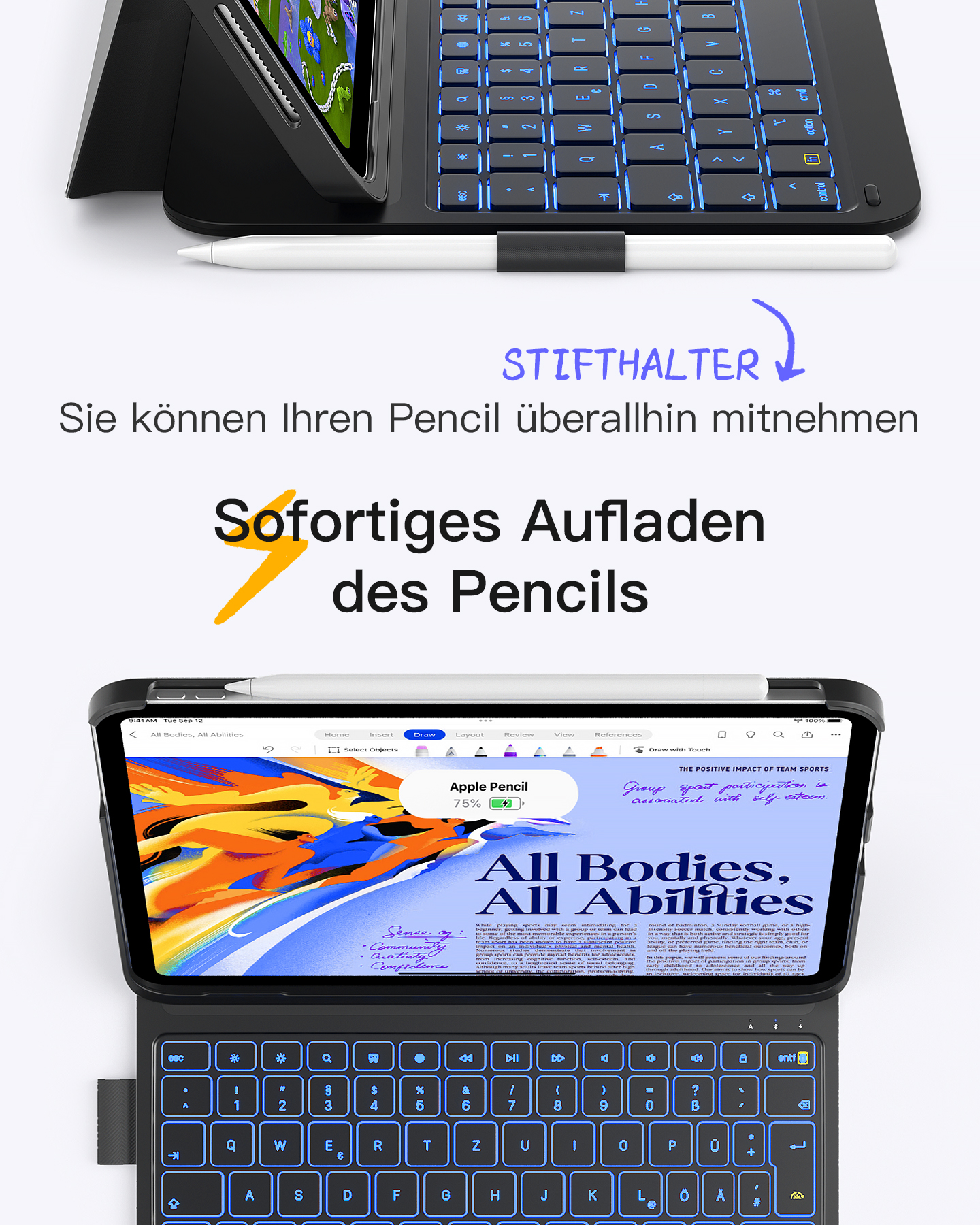 Eine schwarze Tastaturhülle mit einem Tablet darin. Ein weißer Stift liegt an der Seite. Hintergrundbeleuchtete Tasten.