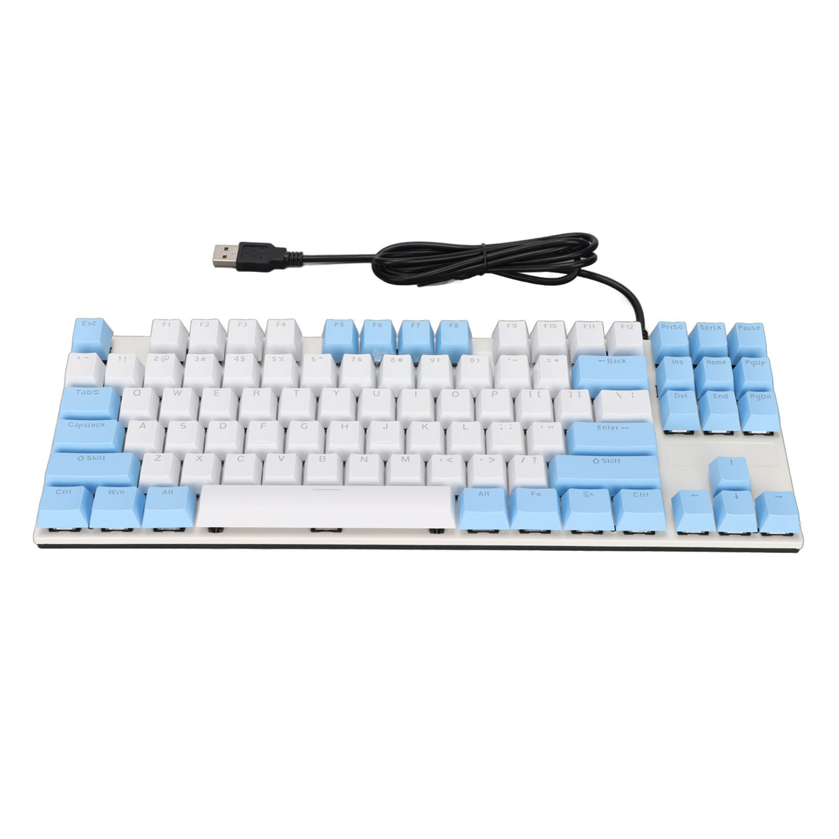 Weiße und blaue Tastatur mit schwarzem Kabel, USB-Anschluss und weißem Hintergrund.