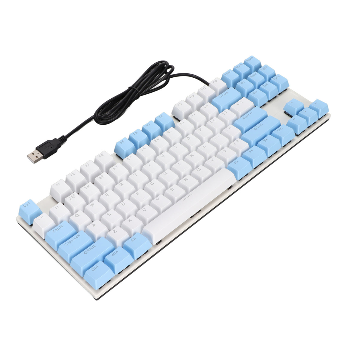 Eine weiße Tastatur mit hellblauen Tasten. Sie hat ein schwarzes USB-Kabel.