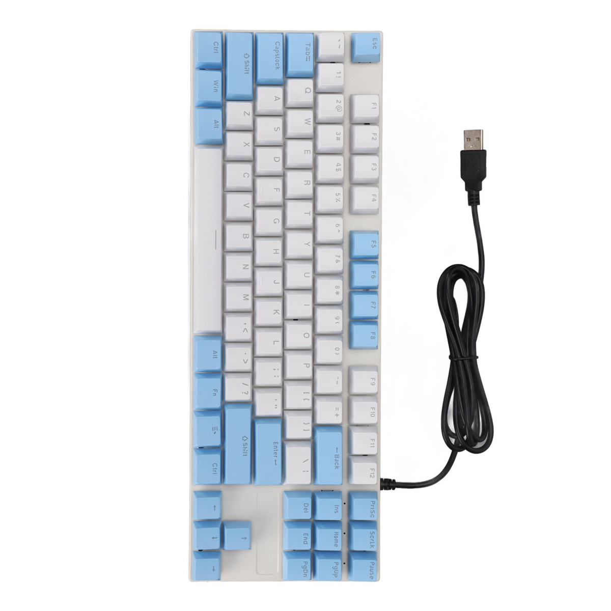 Draufsicht auf eine weiße und blaue mechanische Tastatur mit USB-Kabel.