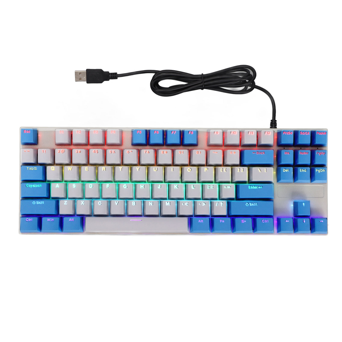 Eine weiße Tastatur mit farbigen Tasten und einem USB-Kabel, vor weißem Hintergrund.