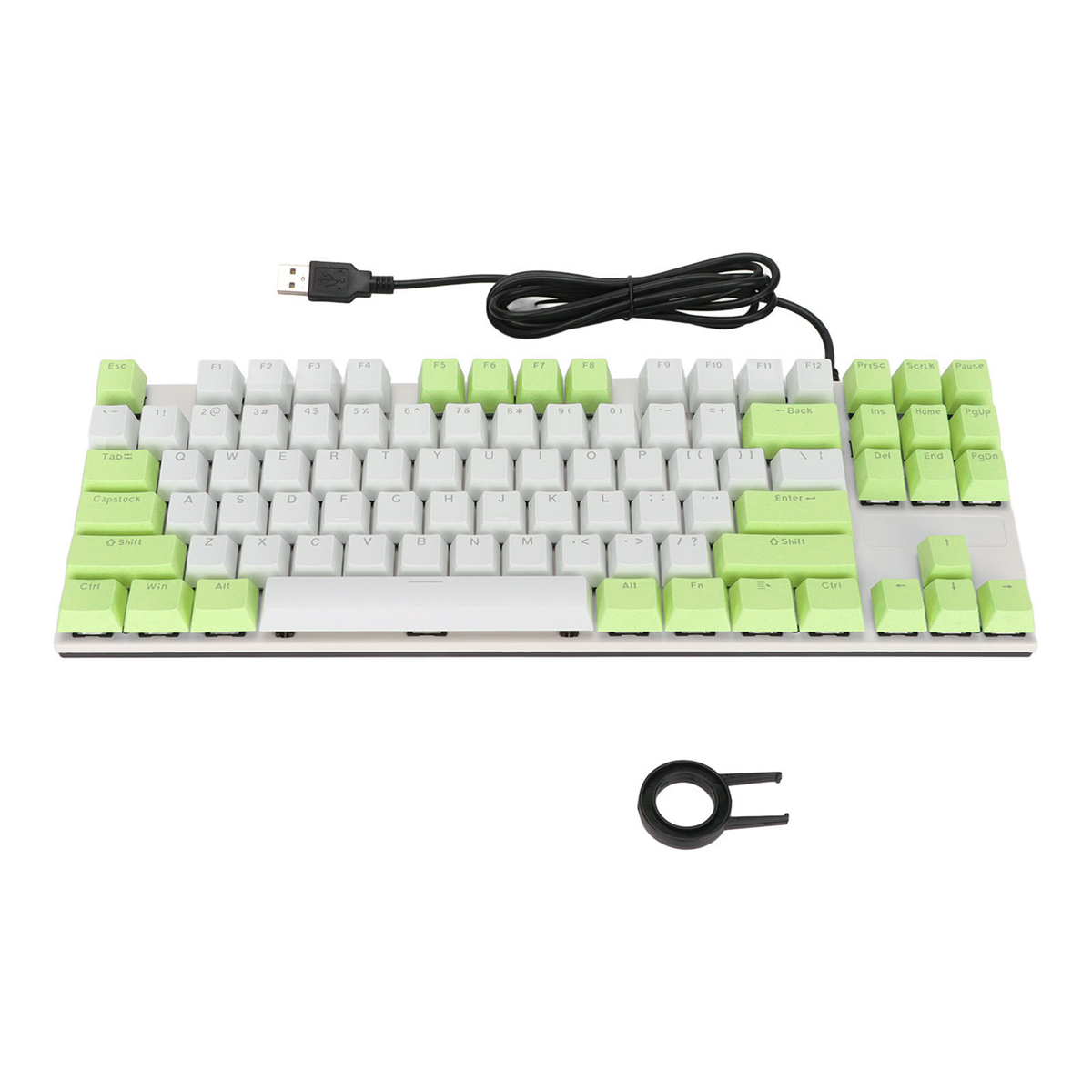 Weiß-grüne mechanische Tastatur. Grüne Tasten für Funktionstasten. Schwarzer Keycap-Abzieher.