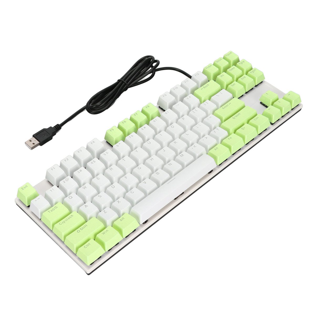 Weiße und hellgrüne mechanische Tastatur mit angeschlossenem USB-Kabel.