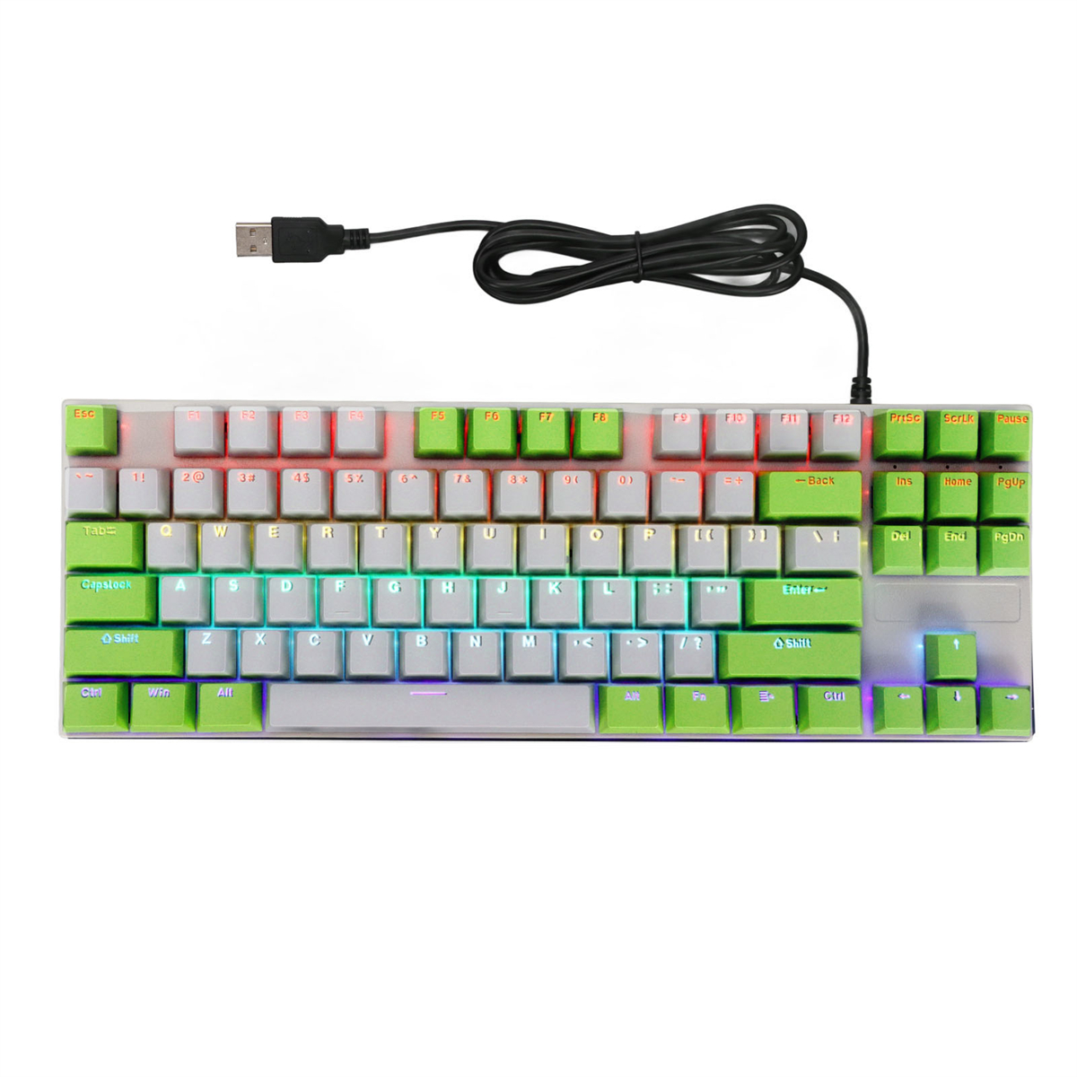 Weiße Tastatur mit grünen und weißen Tasten, RGB-Hintergrundbeleuchtung und USB-Kabel.
